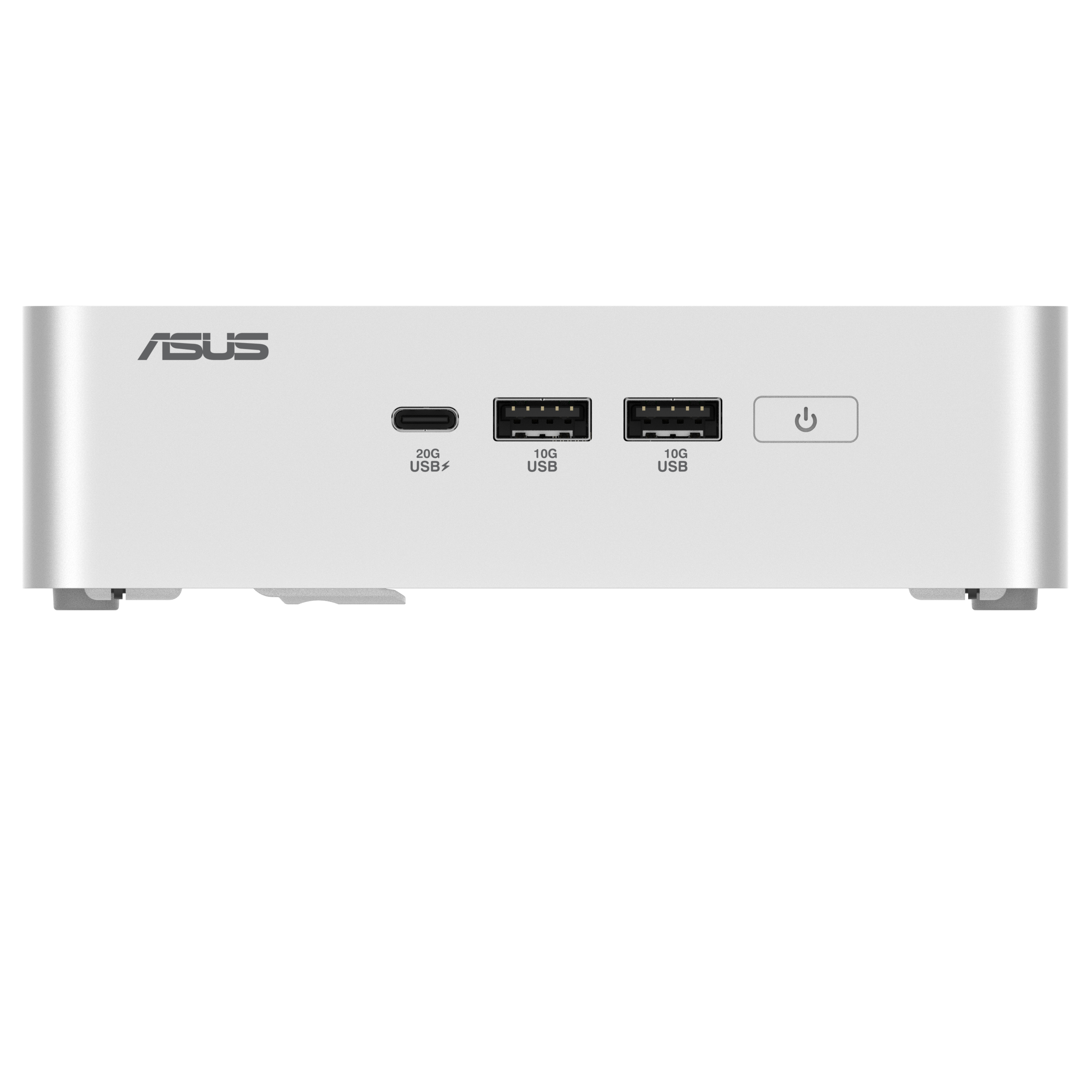 Vista frontale di uno chassis per mini PC Asus argentato con porte USB e pulsante di accensione.