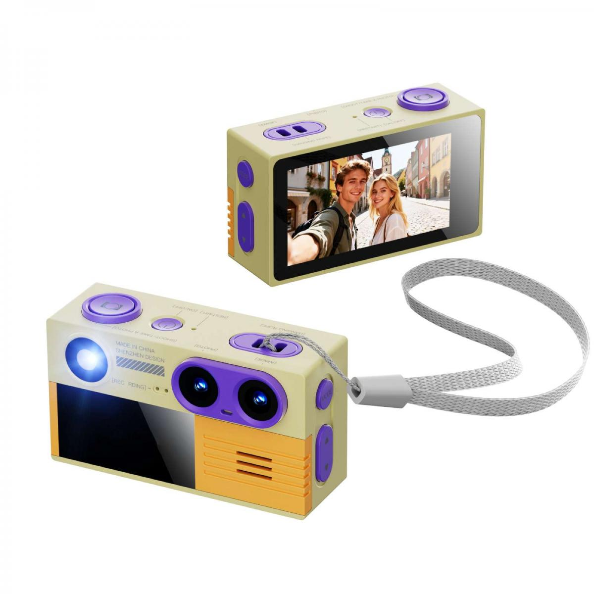 Eine beige-orangefarbene Digitalkamera für Kinder mit Doppellinse, violetten Knöpfen und grauem Umhängeband.