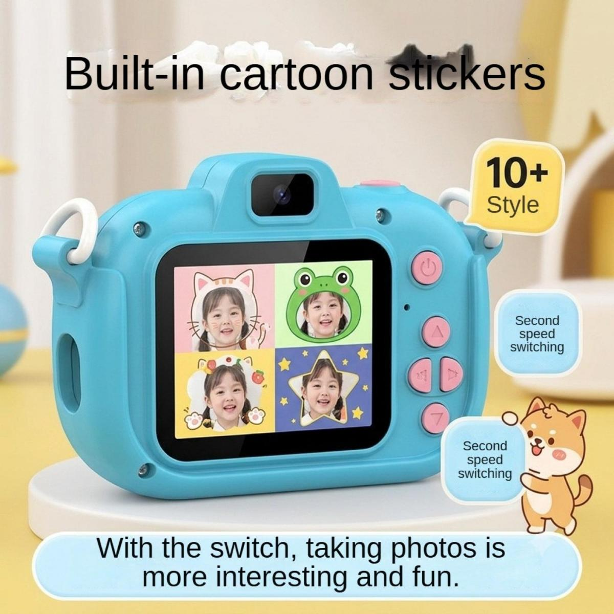 Blaue Kinderkamera mit Bildschirm und pinken Tasten, umgeben von Text und kleinen Grafiken.