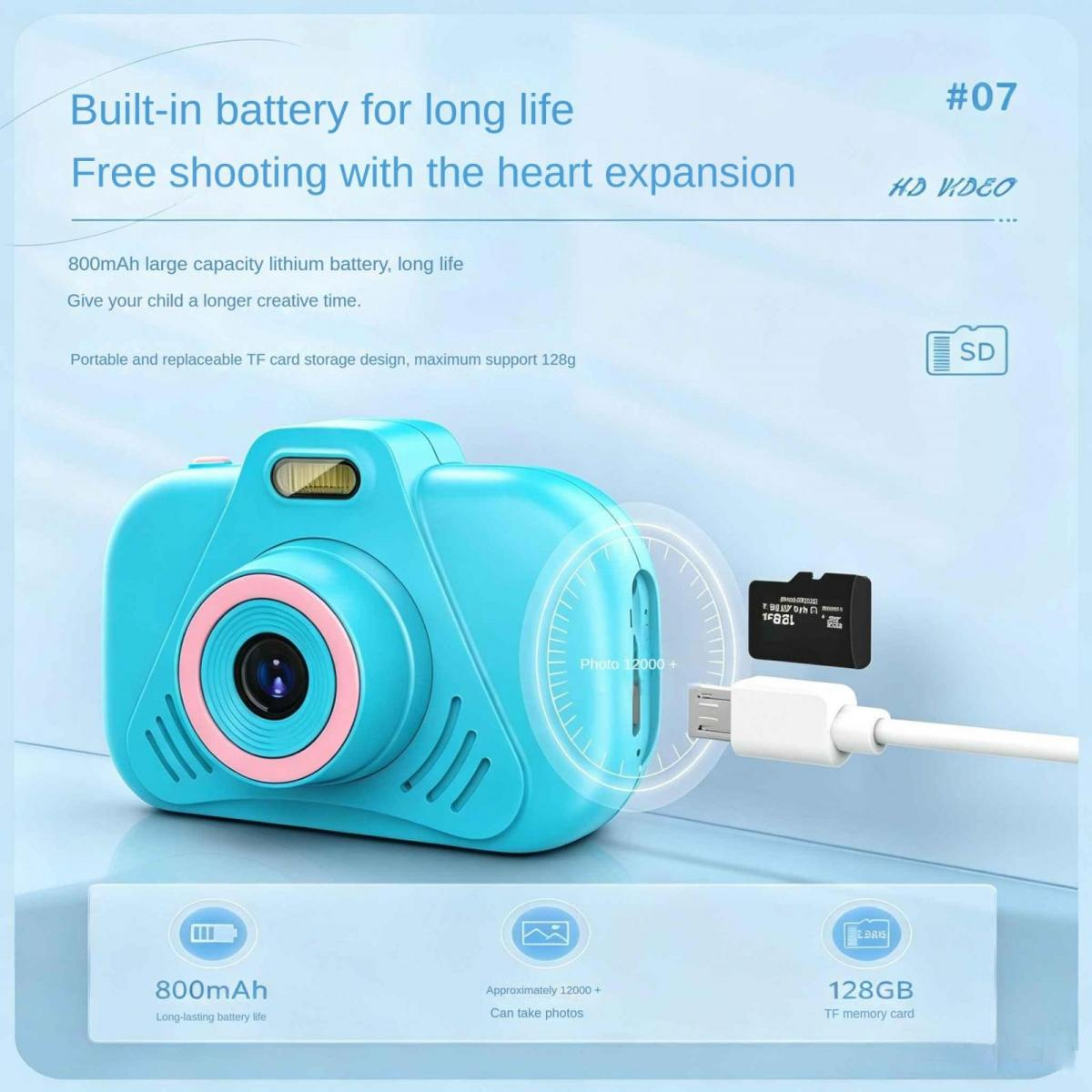 Blaue Kinderkamera mit SD-Karte, USB-Kabel und Akku- sowie Speicherspezifikationen.