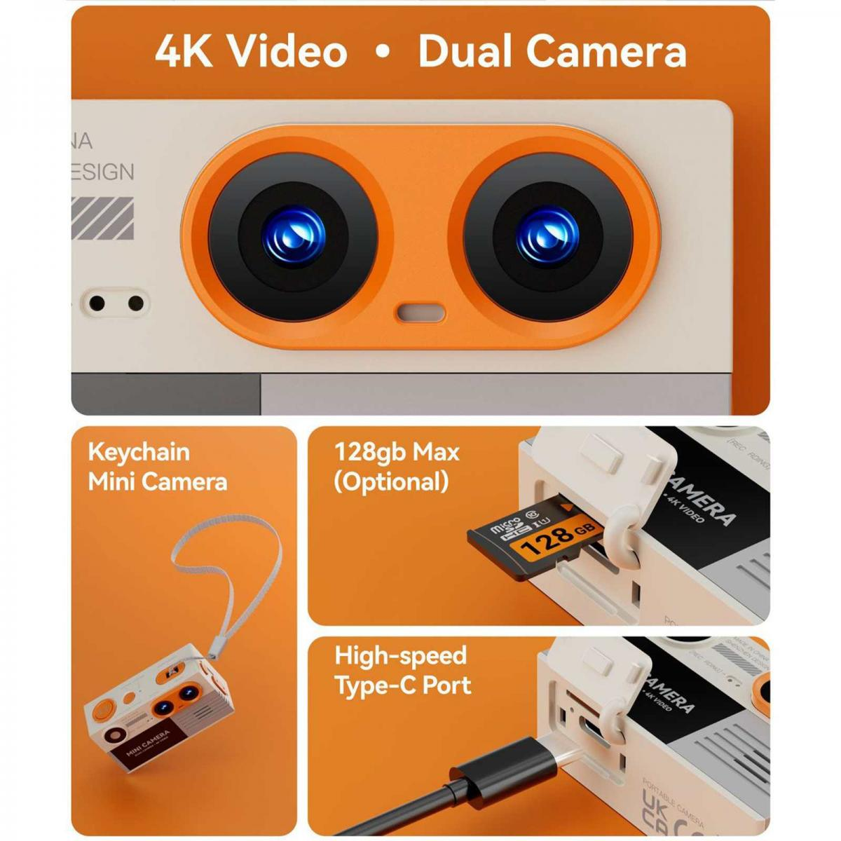 Mini-Kamera mit Dual-Objektiv, 4K-Video, SD-Kartensteckplatz und USB-C-Anschluss.