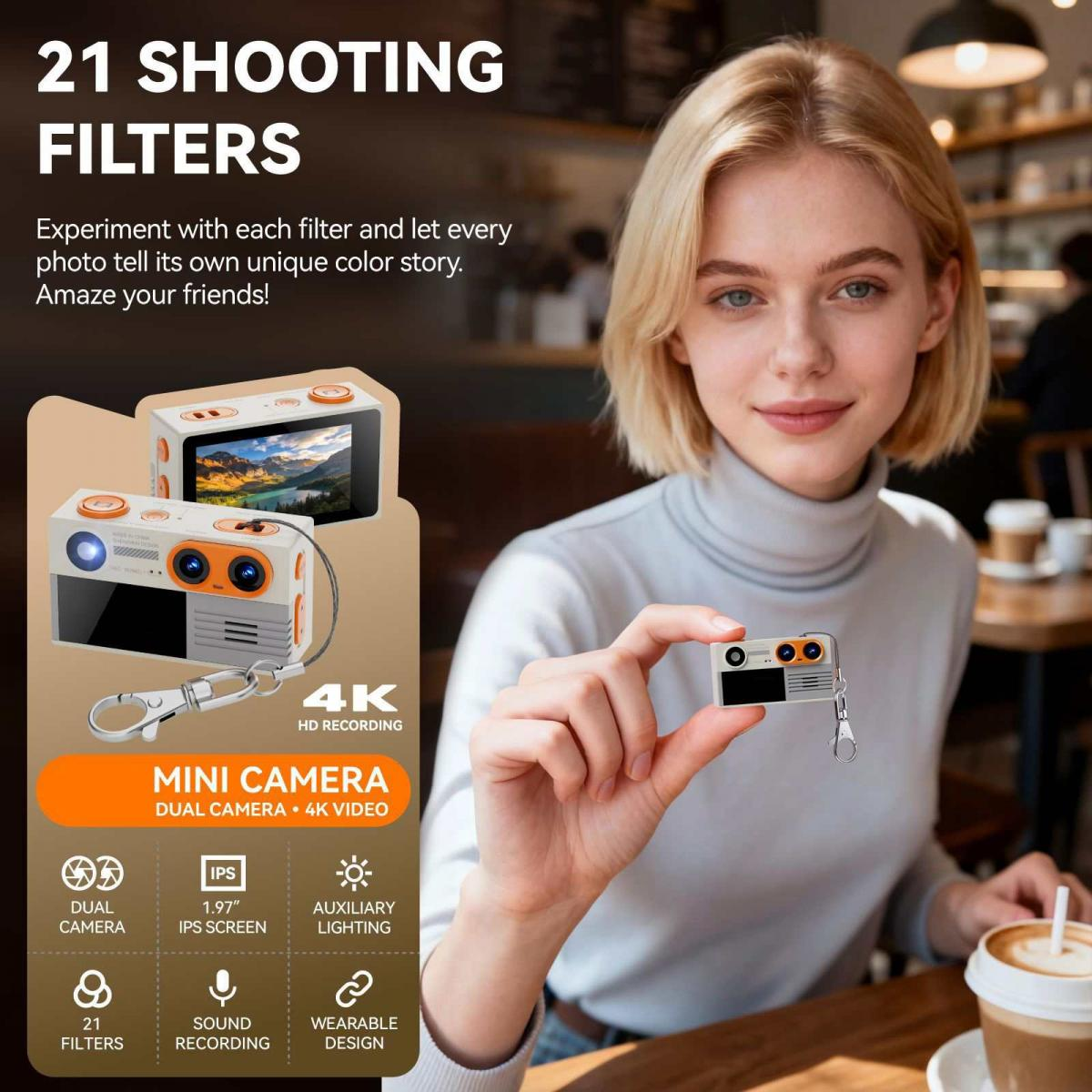 Eine lächelnde Frau hält in einem Café eine winzige weiße und orangefarbene Mini-Kamera.