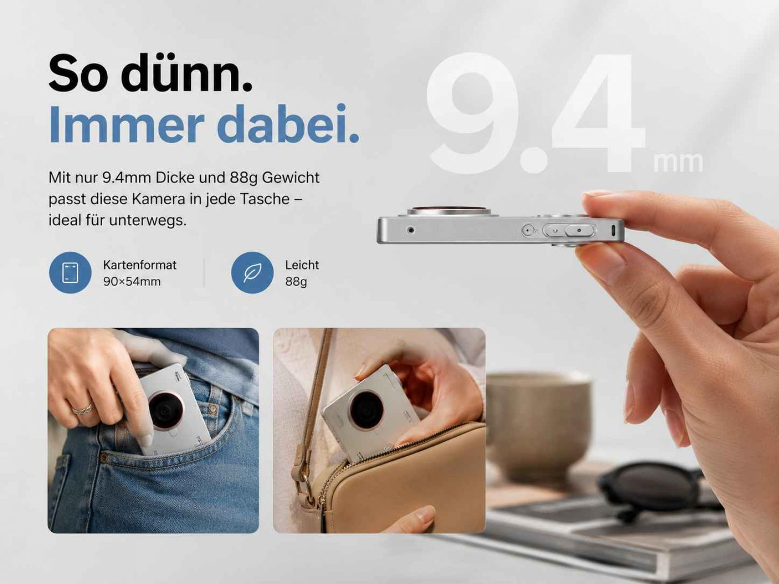Hand hält ultradünne Kamera, Text wirbt für 9.4mm Dicke und 88g Gewicht mit Taschenformat.