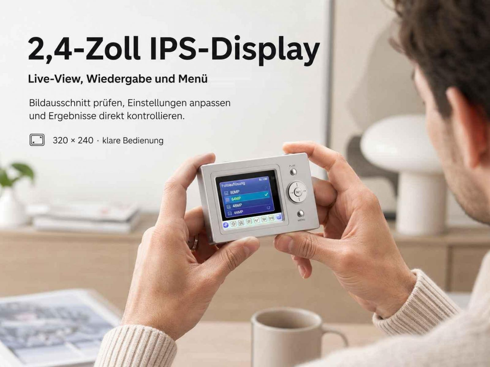 Eine Person hält eine kleine silberne Digitalkamera mit einem 2,4-Zoll-IPS-Display in den Händen.