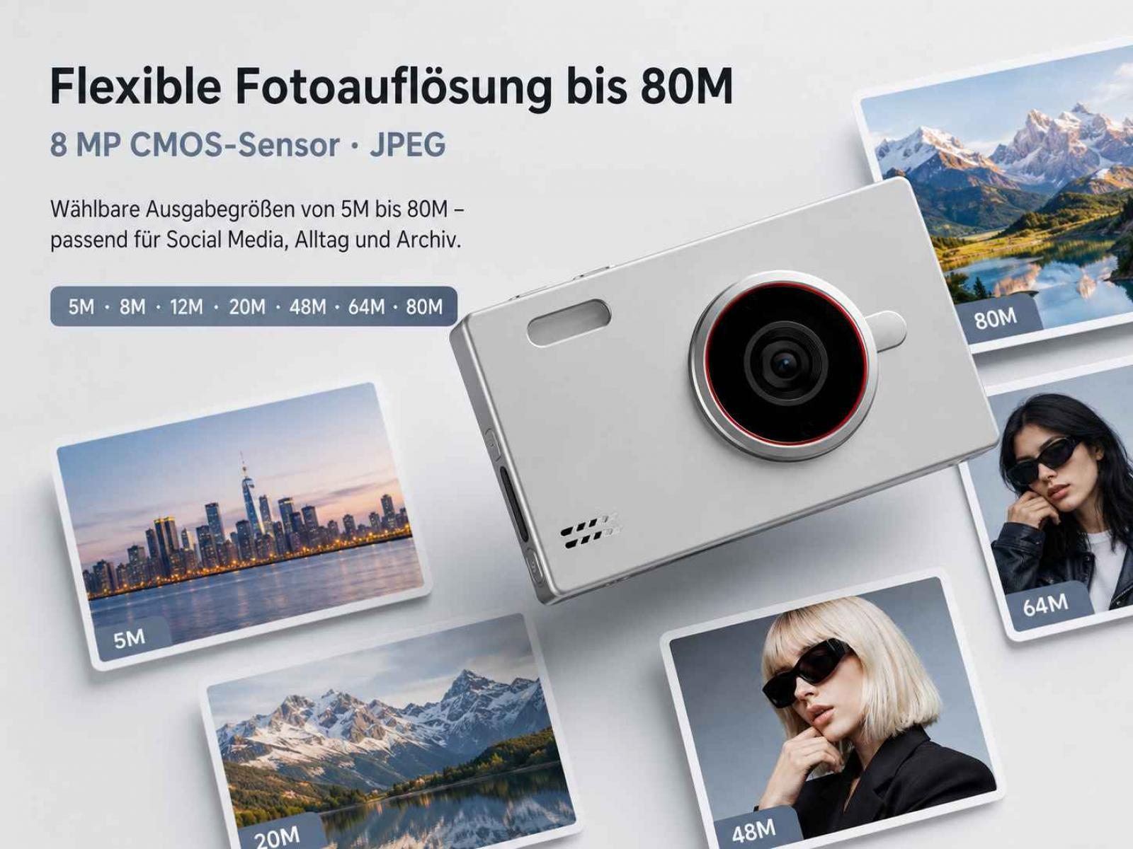 Silberne Digitalkamera surrounded by various sample photos and German text about image resolution.