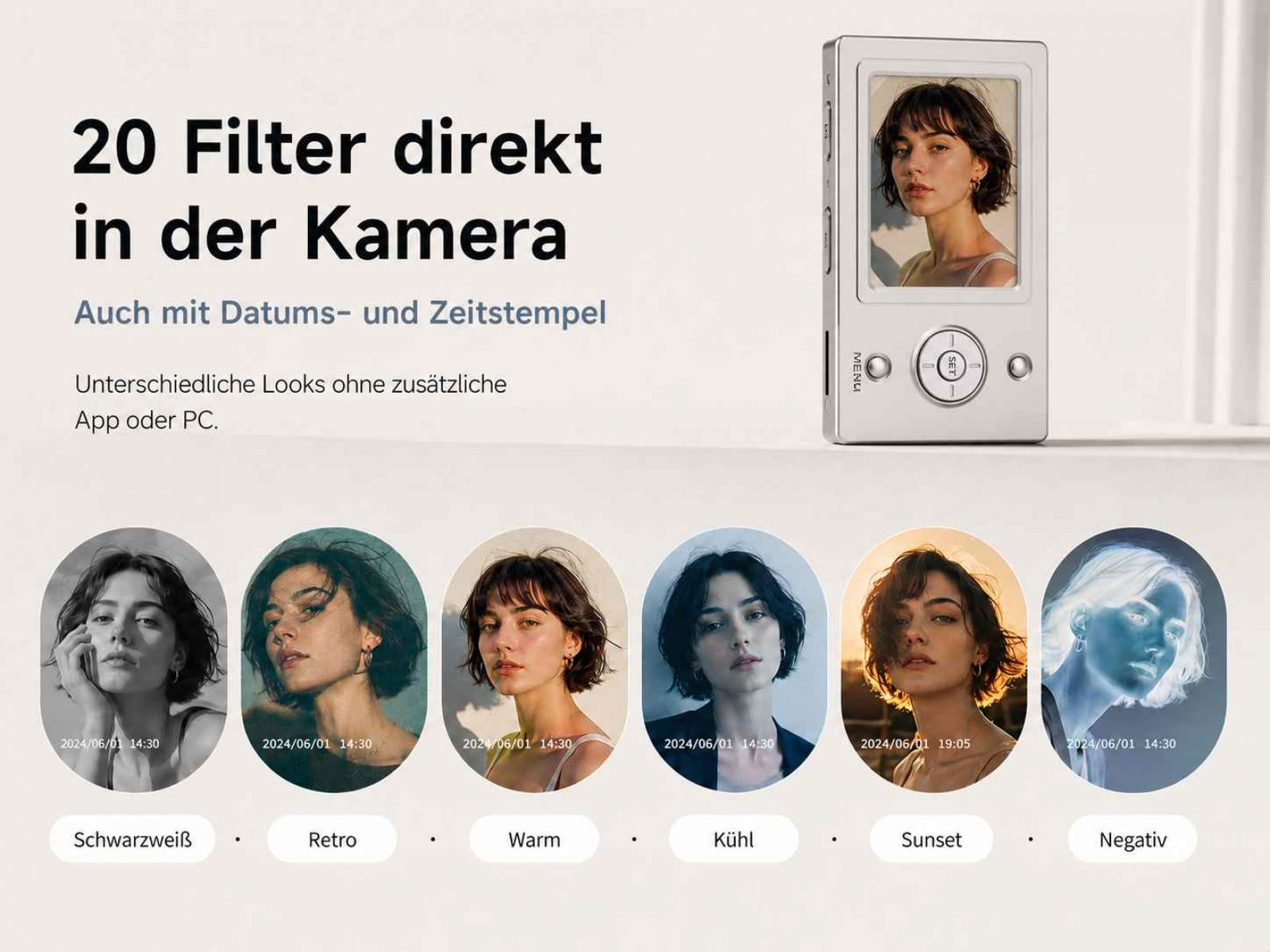 Digitalkamera mit verschiedenen Filteroptionen und Beispielporträts unten.