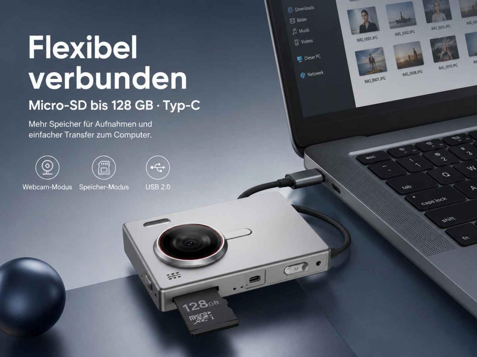 Eine silberne Kamera mit USB-Verbindung zum Laptop und eingesteckter SD-Karte.