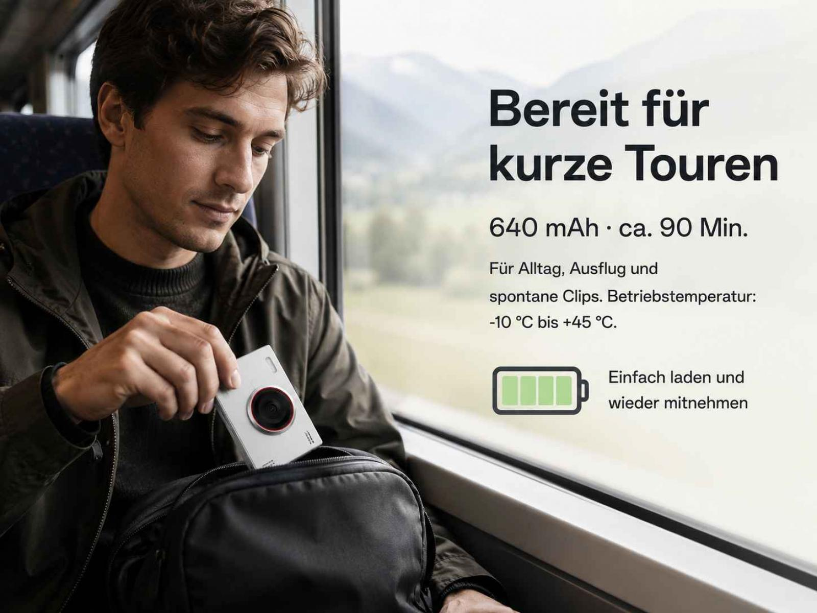 Ein Mann packt eine kleine Kamera in eine Tasche, während er aus dem Zugfenster schaut. Text im Bild.
