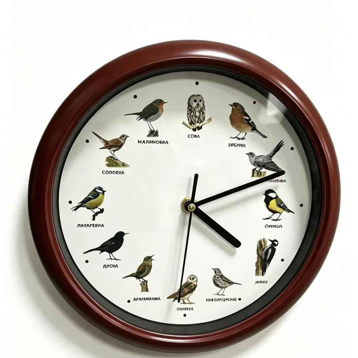 Eine runde Wanduhr mit braunem Rahmen und Illustrationen verschiedener Vögel anstelle von Zahlen.
