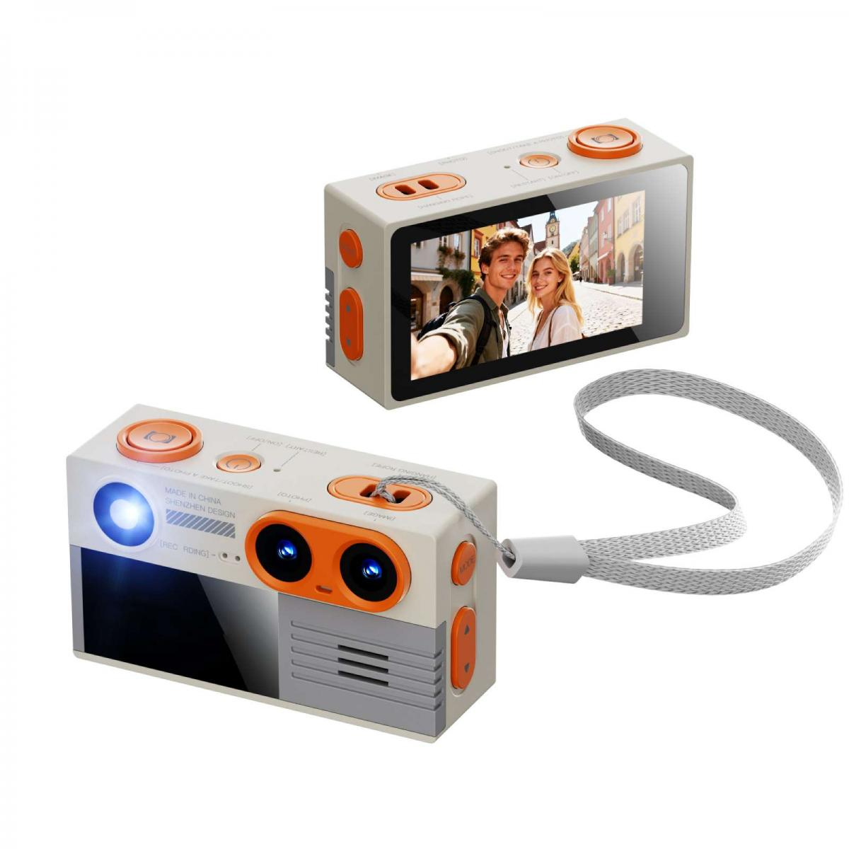 Zwei kleine graue und orangefarbene Digitalkameras mit Doppellinsen und Umhängeband auf weißem Hintergrund.