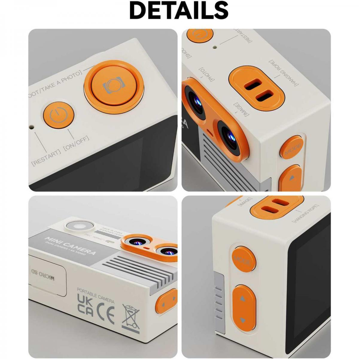 Vier Nahaufnahmen einer kleinen weiß-orangen Mini-Kamera mit Tasten, Doppellinsen und Beschriftungen.