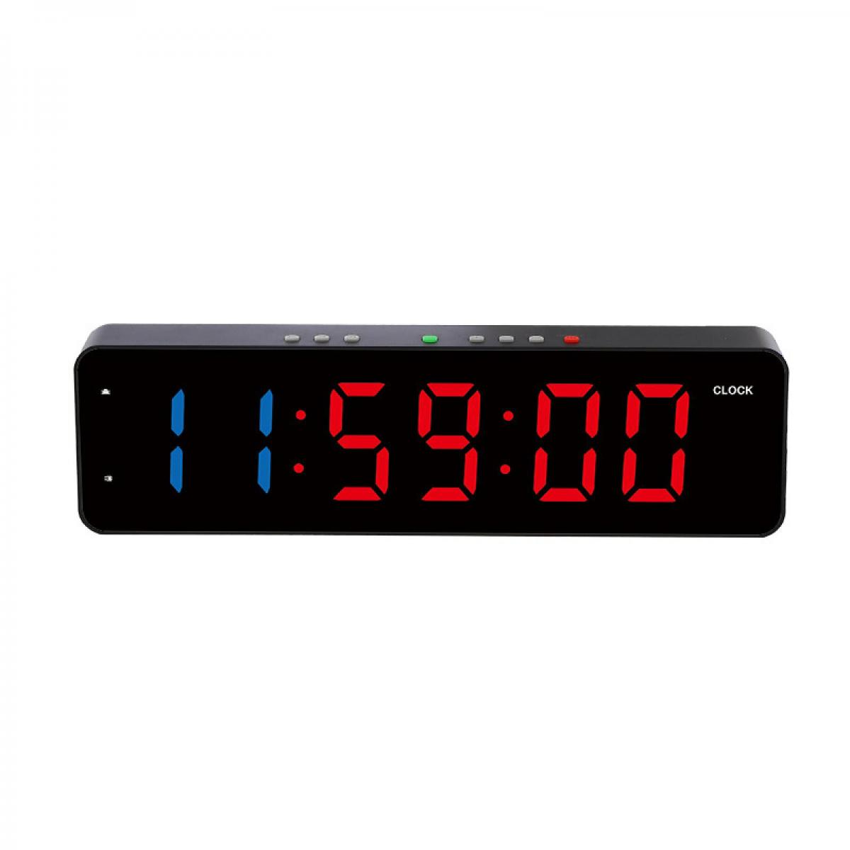 Ein schwarzer Digitalwecker mit rot und blau leuchtenden LED-Zahlen, die 11:59:00 anzeigen.