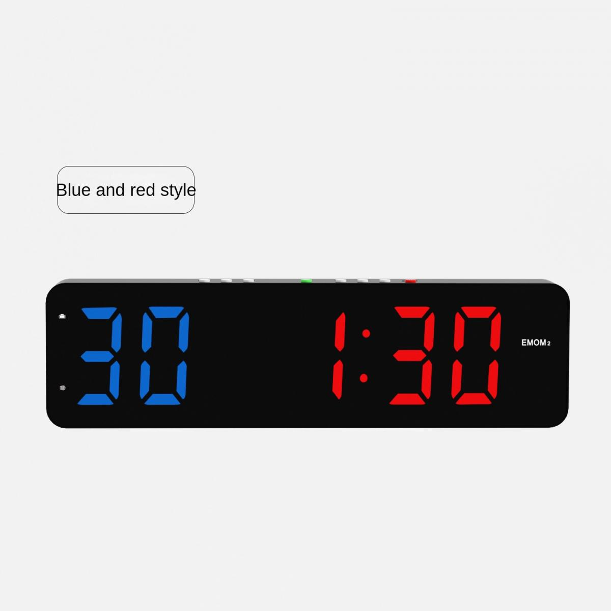 Eine schwarze Digitaluhr mit blauen und roten LED-Ziffern zeigt 30 und 1:30, mit Aufschrift Blau-Rot-Stil.