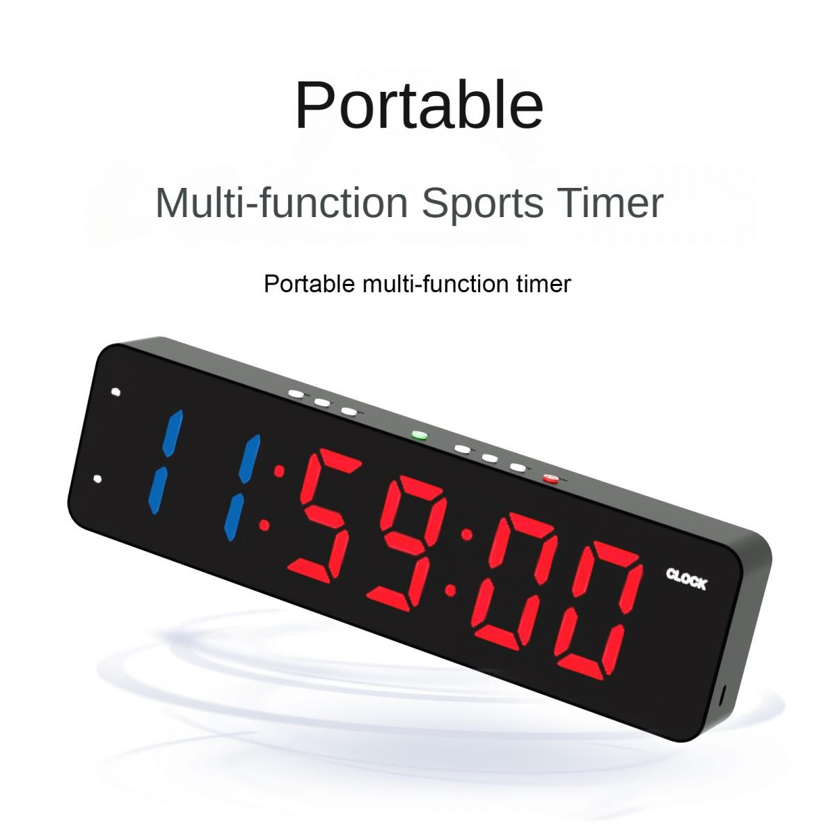 Ein schwarzer tragbarer Sporttimer mit roten und blauen digitalen Zahlen auf weißem Hintergrund.