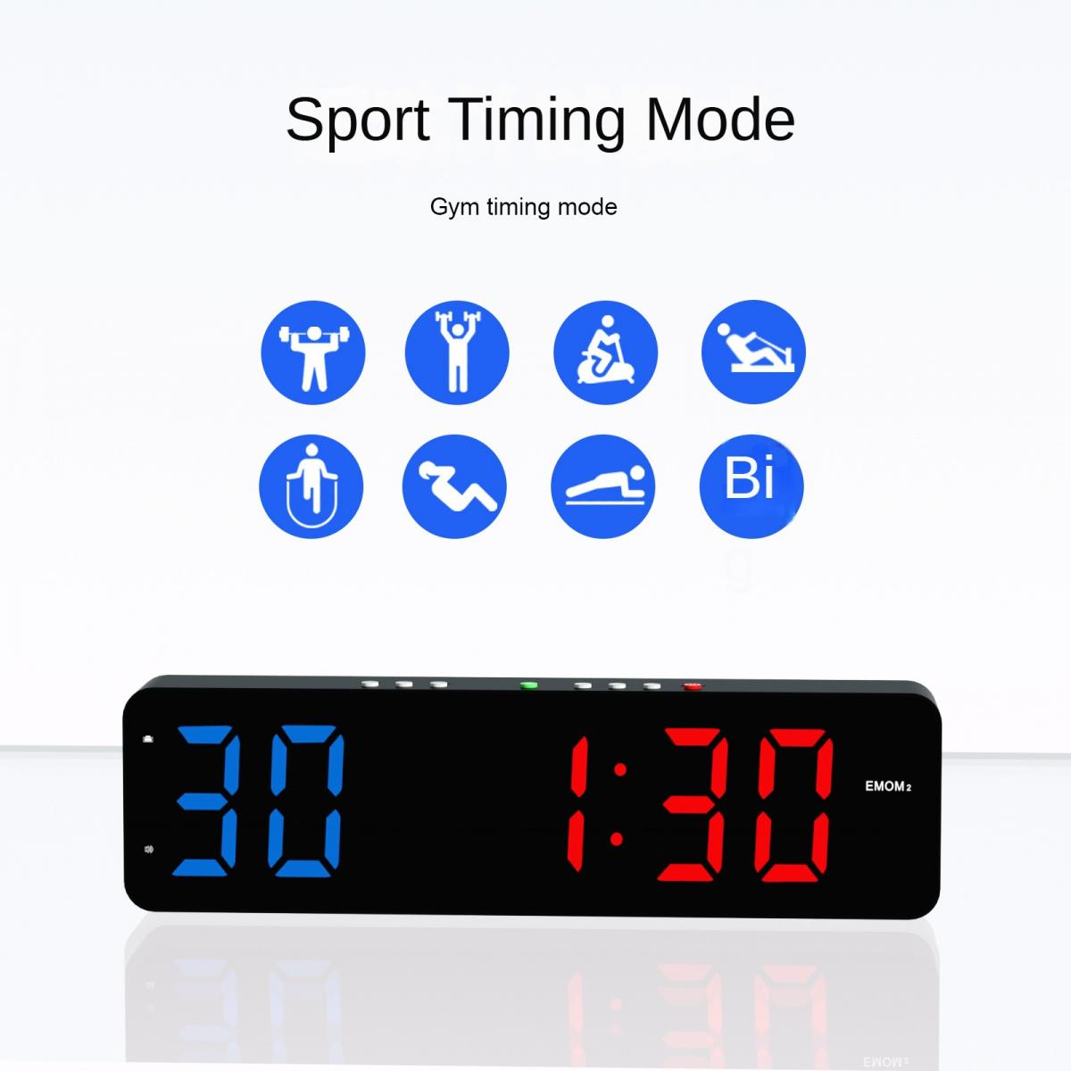 Digitaler Fitness-Timer mit blauer und roter LED-Anzeige unter acht Sportmodus-Symbolen.