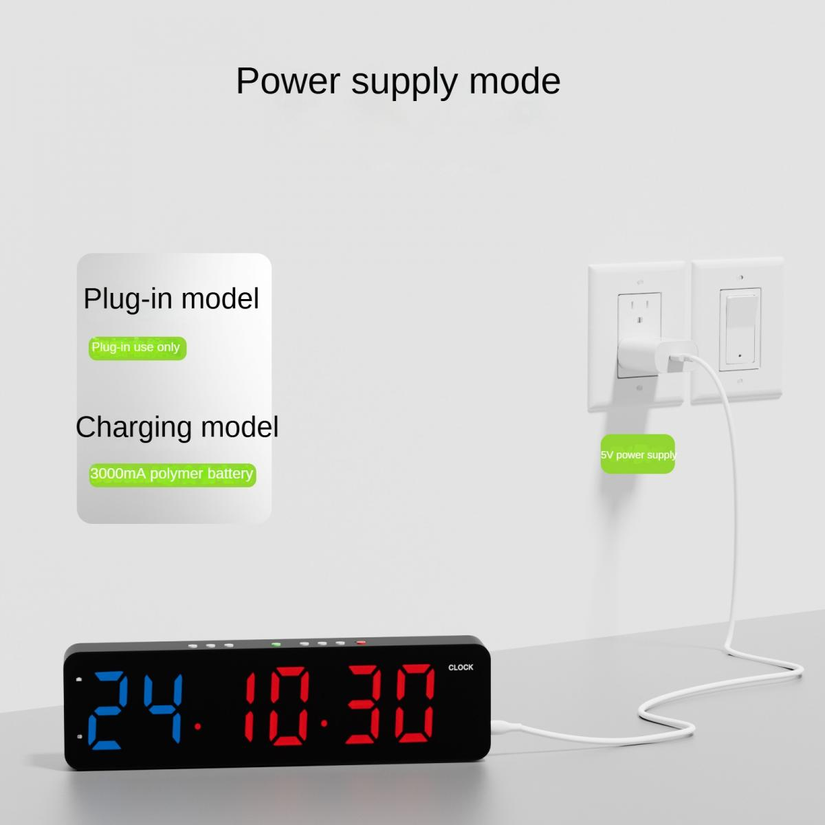Digitale Uhr auf einem Tisch plugged in die Wand, mit Optionen für Plug-in- oder Akkubetrieb.