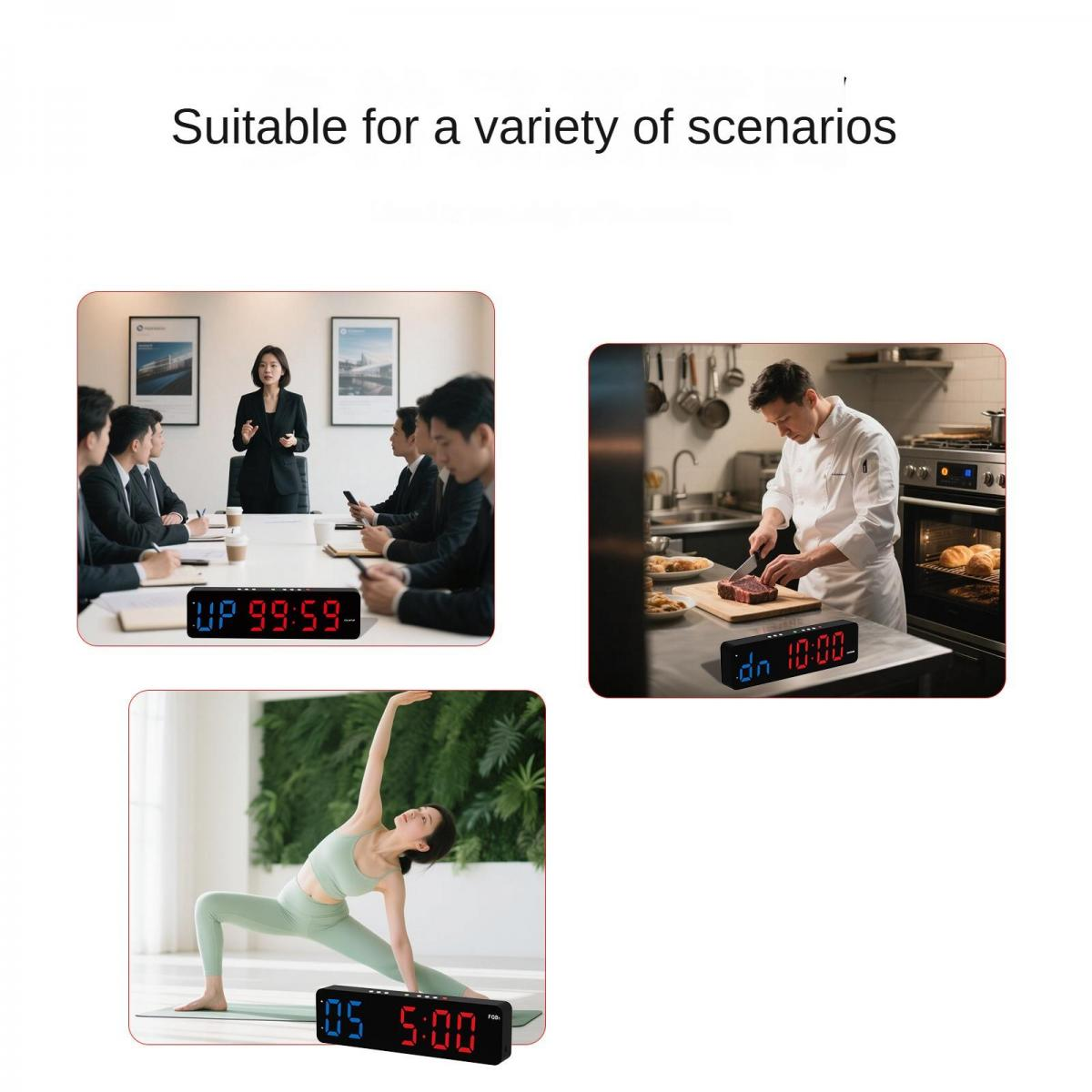 Digitale Timer in verschiedenen Szenarien: Büro, Küche und Yoga.