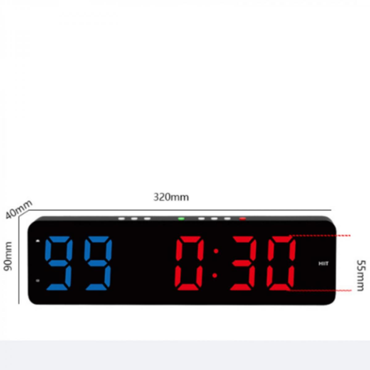 Digitale LED-Uhr mit blauen und roten Zahlen und Maßangaben in Millimetern auf weißem Hintergrund.