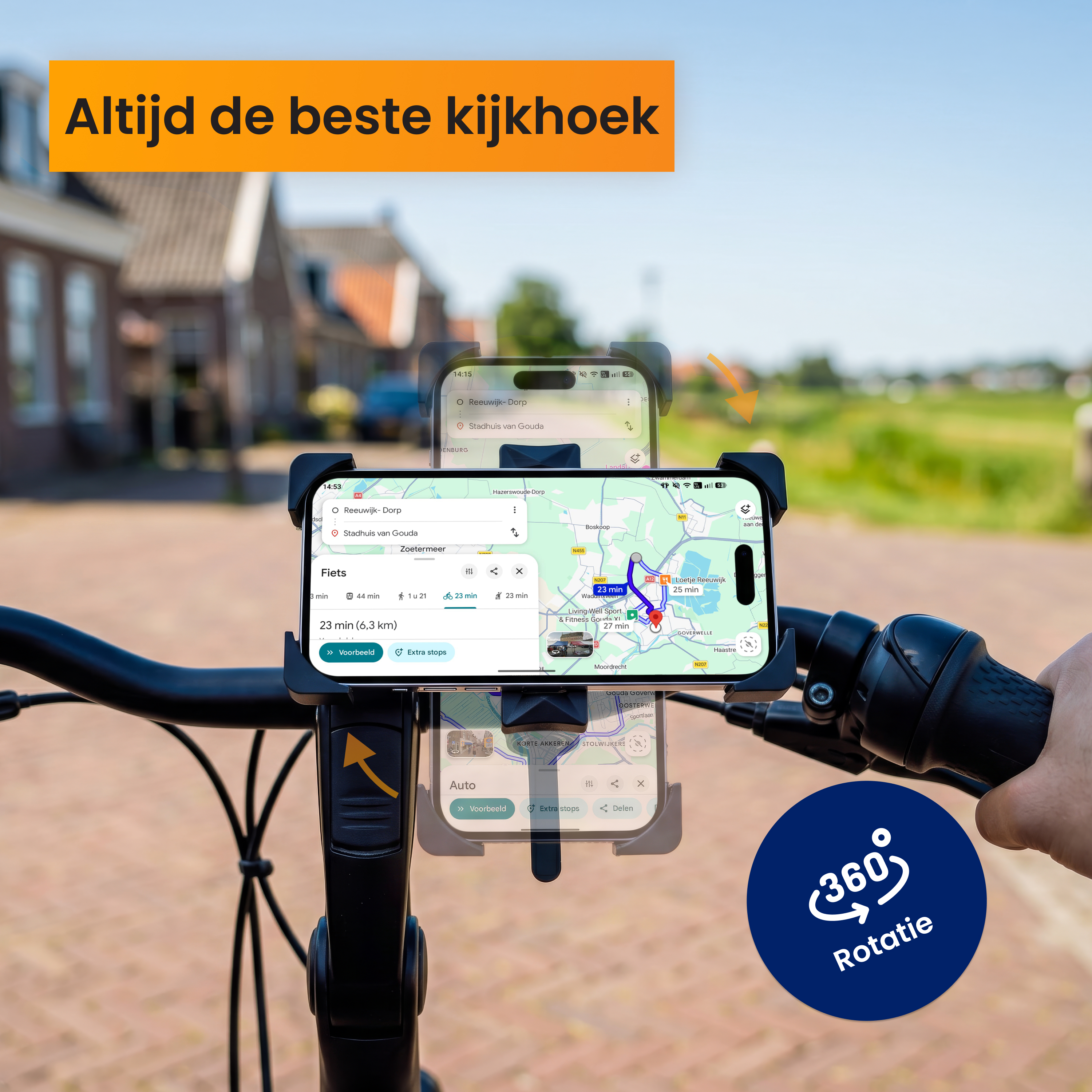 Ein an einem Fahrradlenker montiertes Smartphone mit einer Karte.
