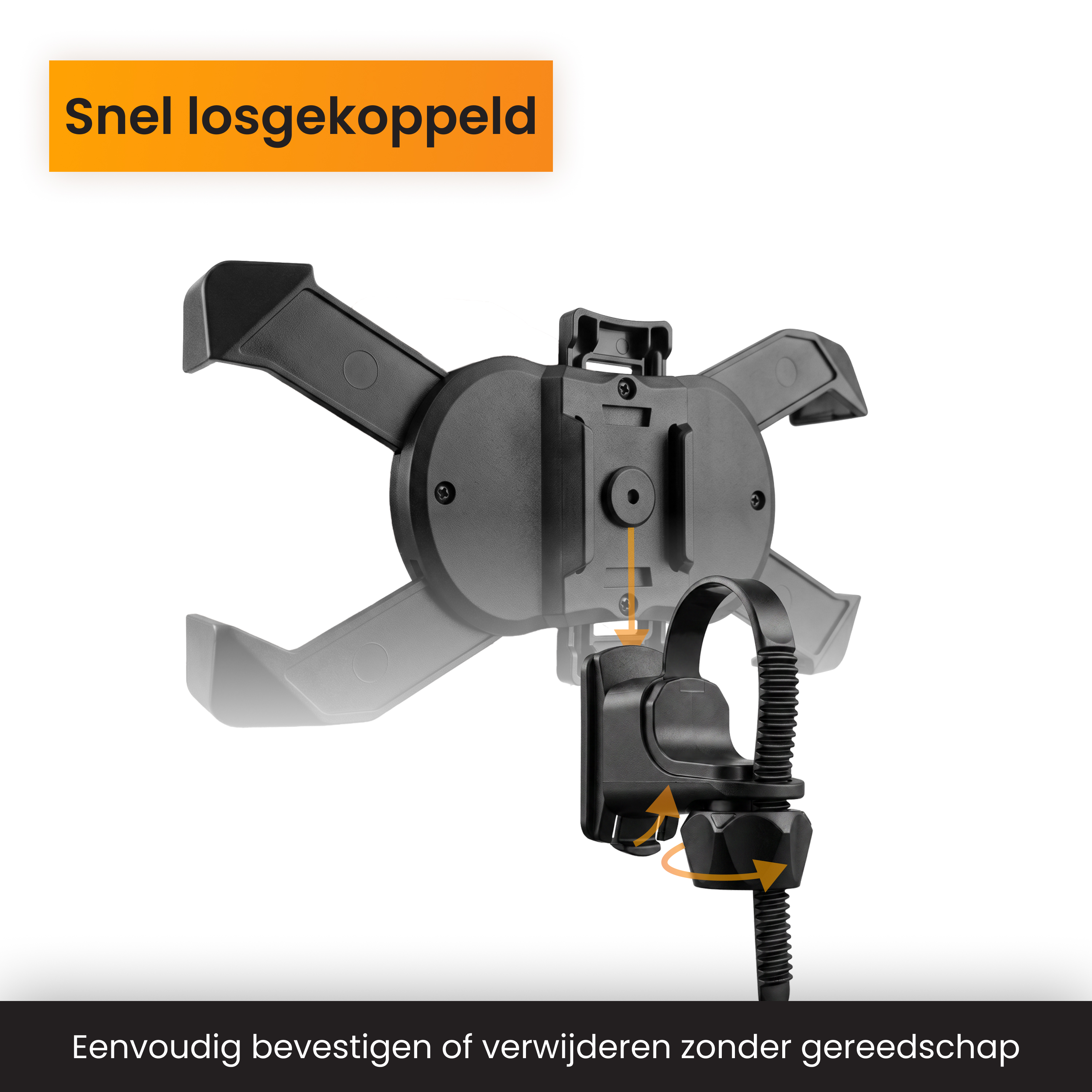 Eine schwarze Smartphone-Halterung mit Schnellspanner und verstellbarer Lenkerklemme.