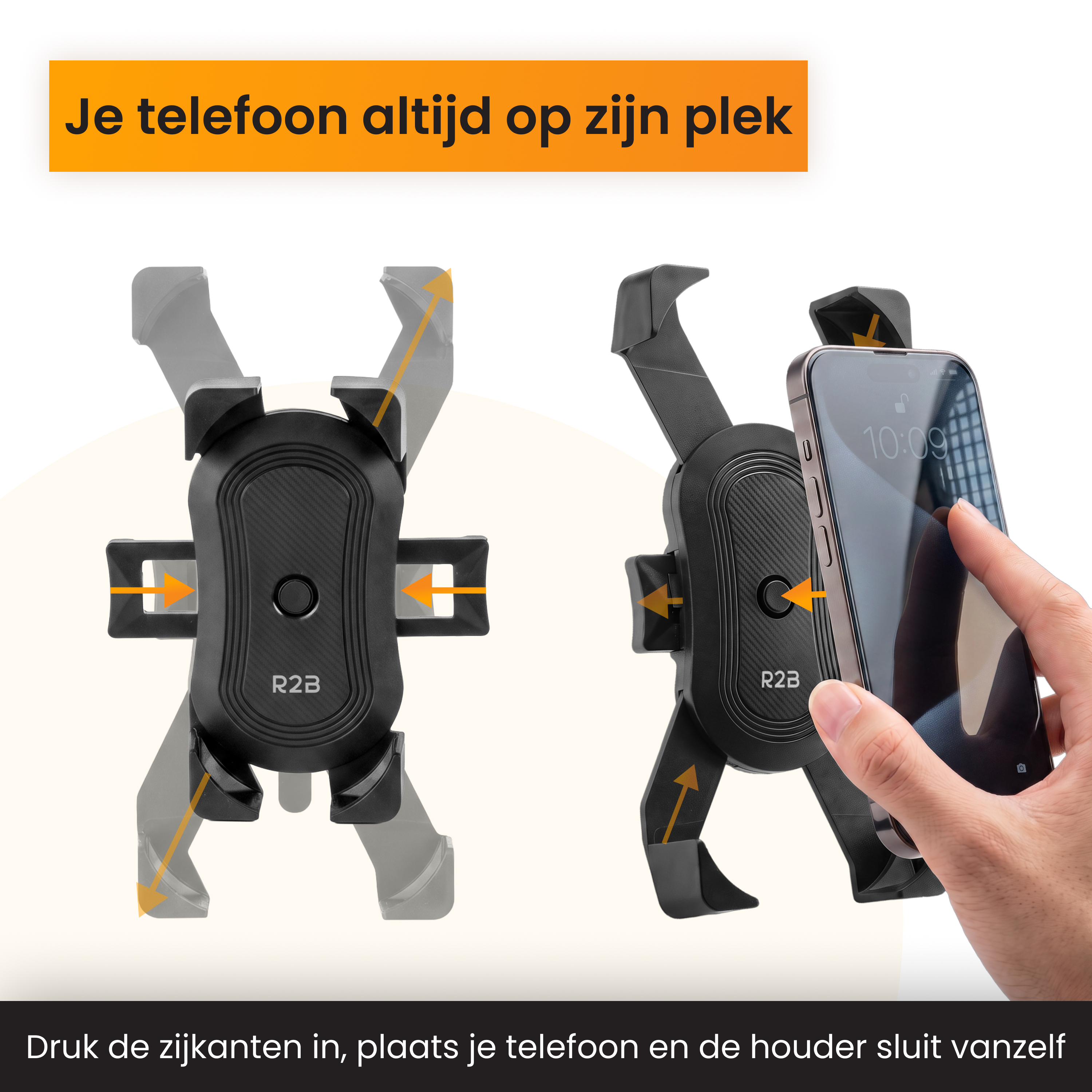 Handyhalterung mit Funktionsdemonstration und Text auf Orange und Schwarz.