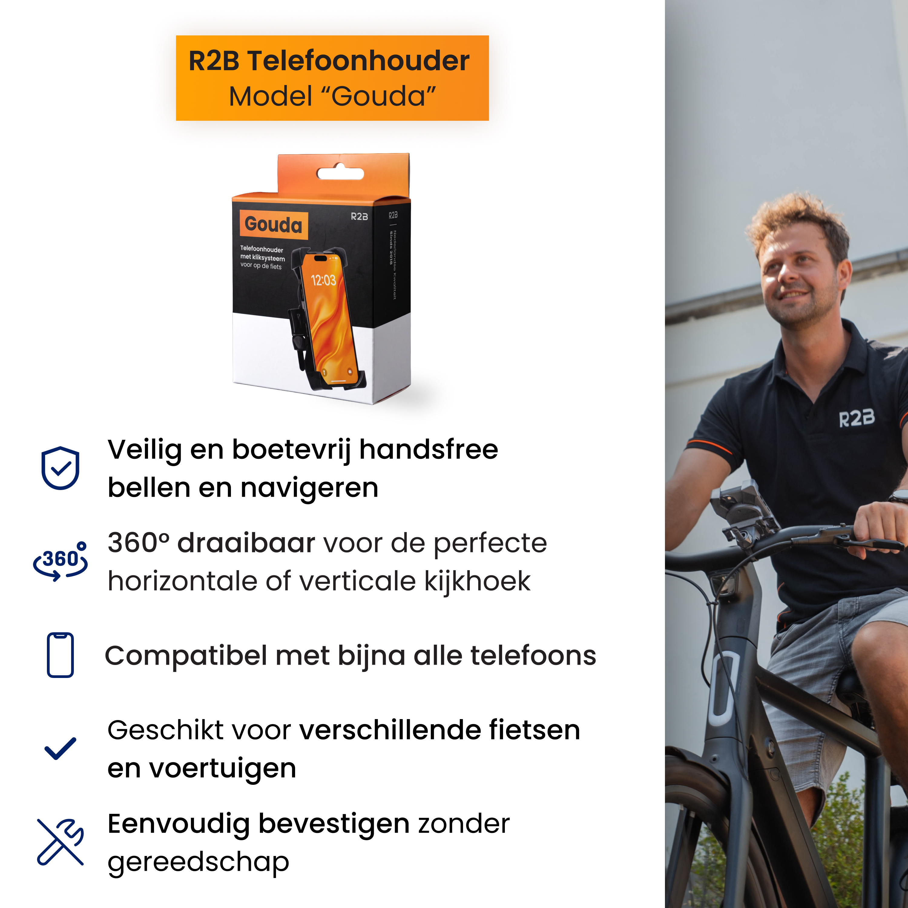 R2B Gouda Handyhalterung Verpackung neben einem lächelnden E-Bike-Fahrer.