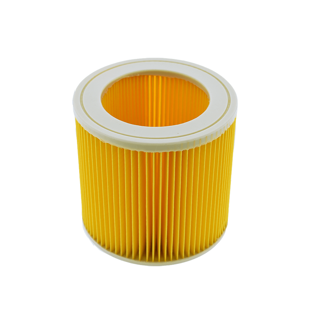 Ein zylindrischer gelber Luftfilter mit weißen Plastikringen an beiden Enden auf schwarzem Hintergrund.