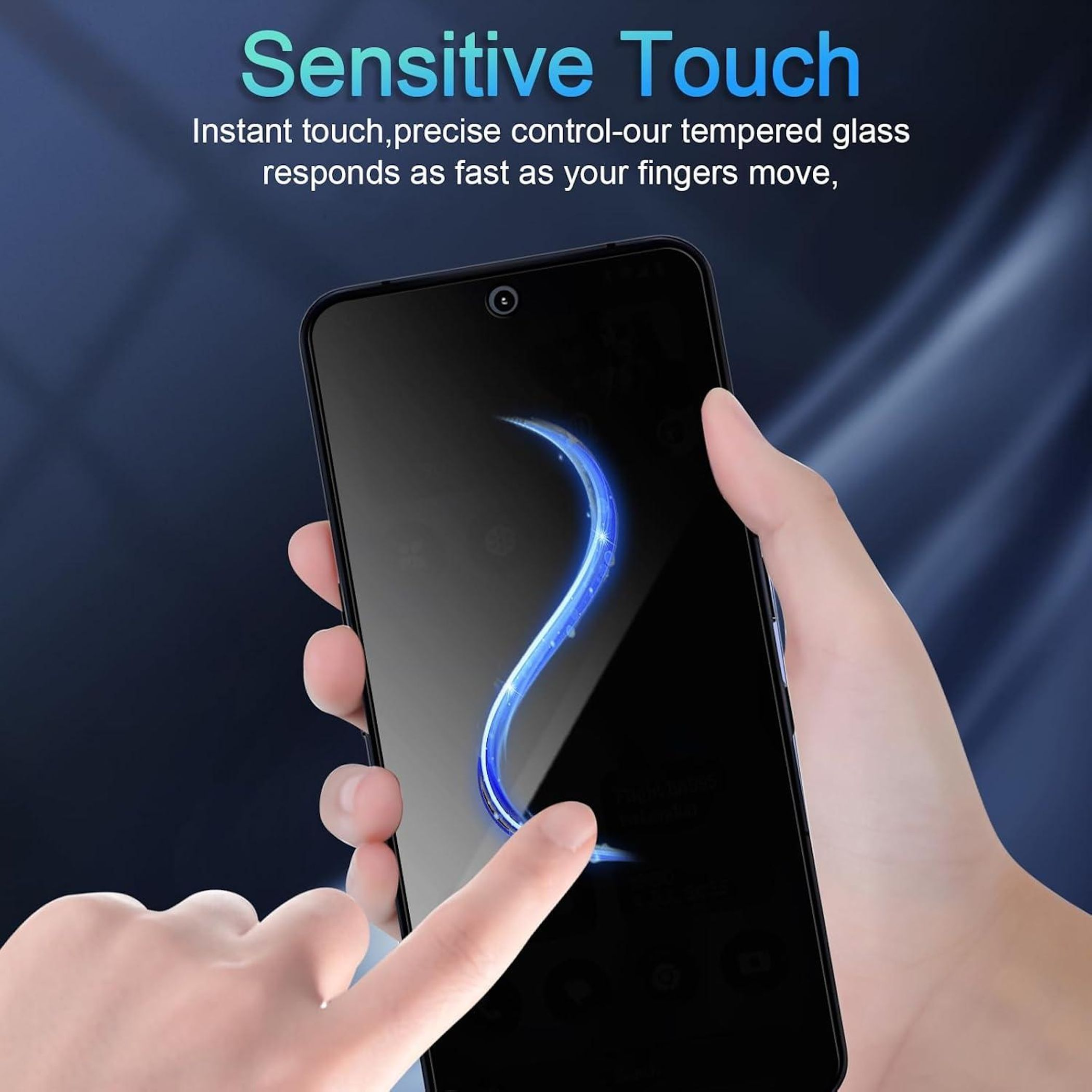 Una mano tocca uno smartphone con protezione in vetro temperato e una scia di luce blu.