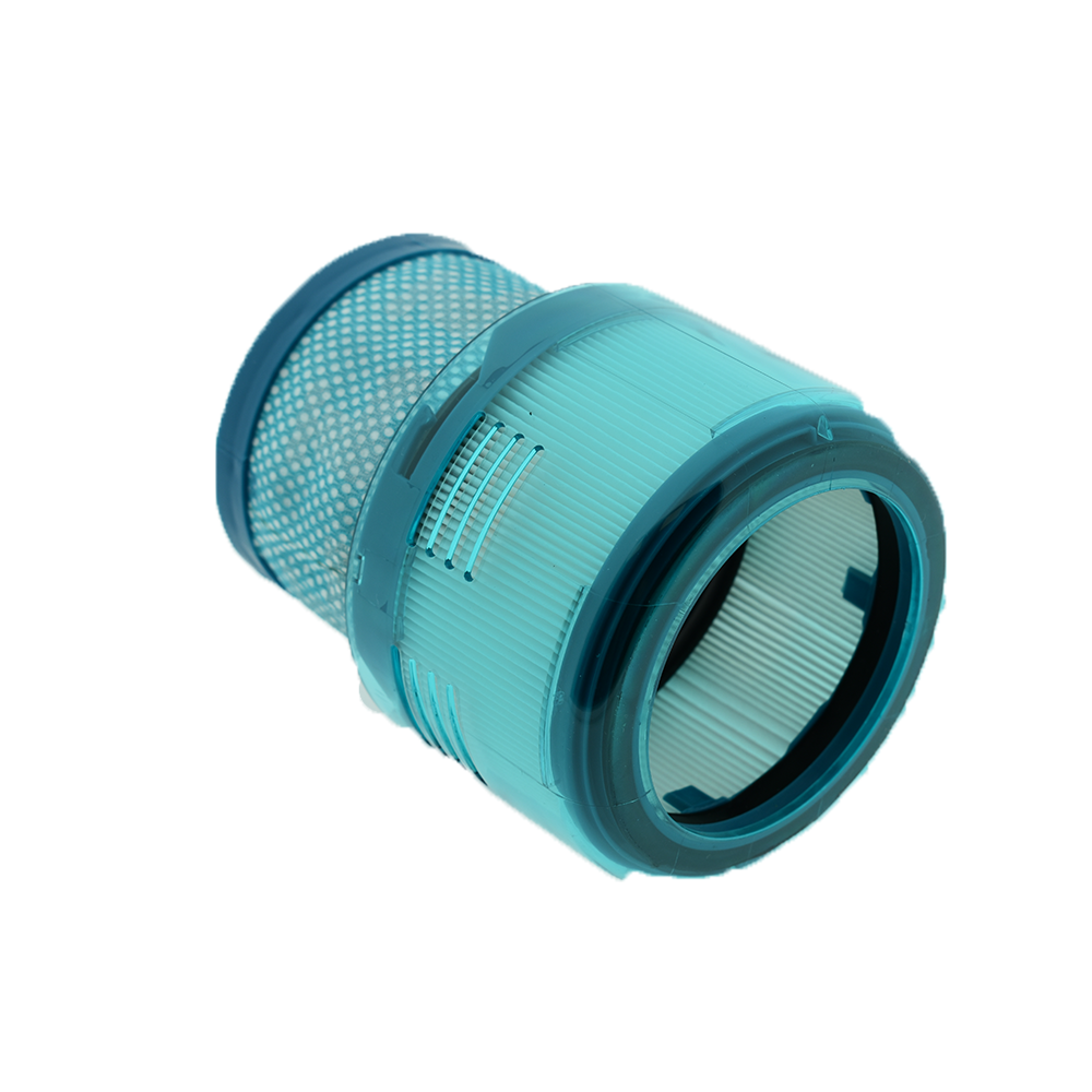 Un filtro per aspirapolvere cilindrico in plastica blu con elemento interno plisettato su sfondo bianco.