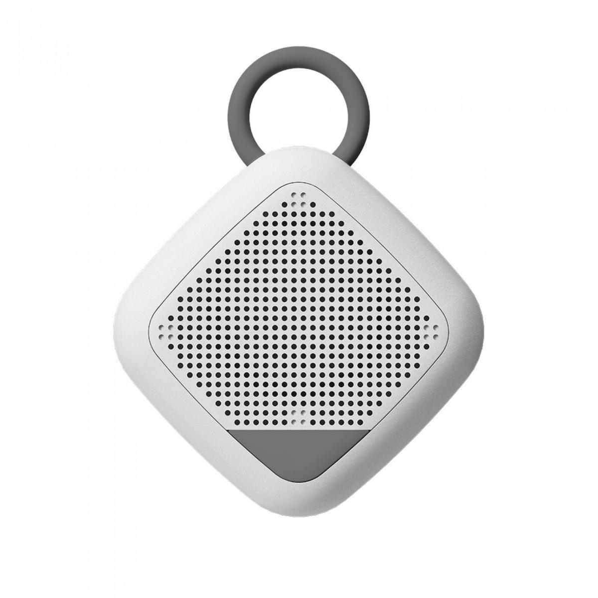 Ein weißer, diamantförmiger Bluetooth-Lautsprecher mit grauem Clip oben und Lautsprechergitter.