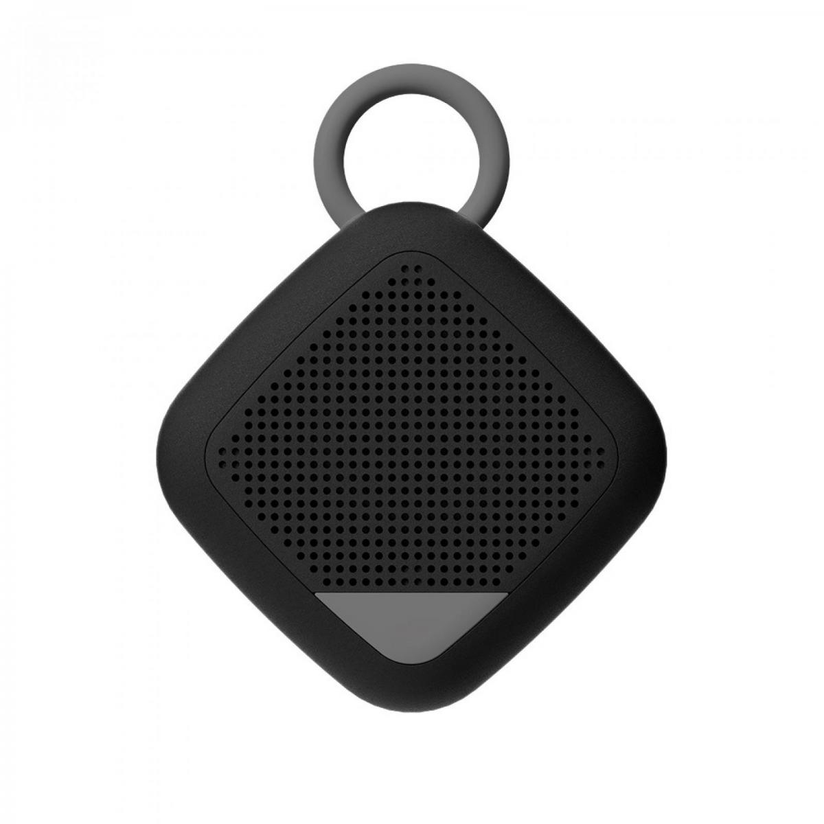 Ein schwarzer, quadratischer Bluetooth-Lautsprecher mit grauer Schlaufe oben und Lochgitter.