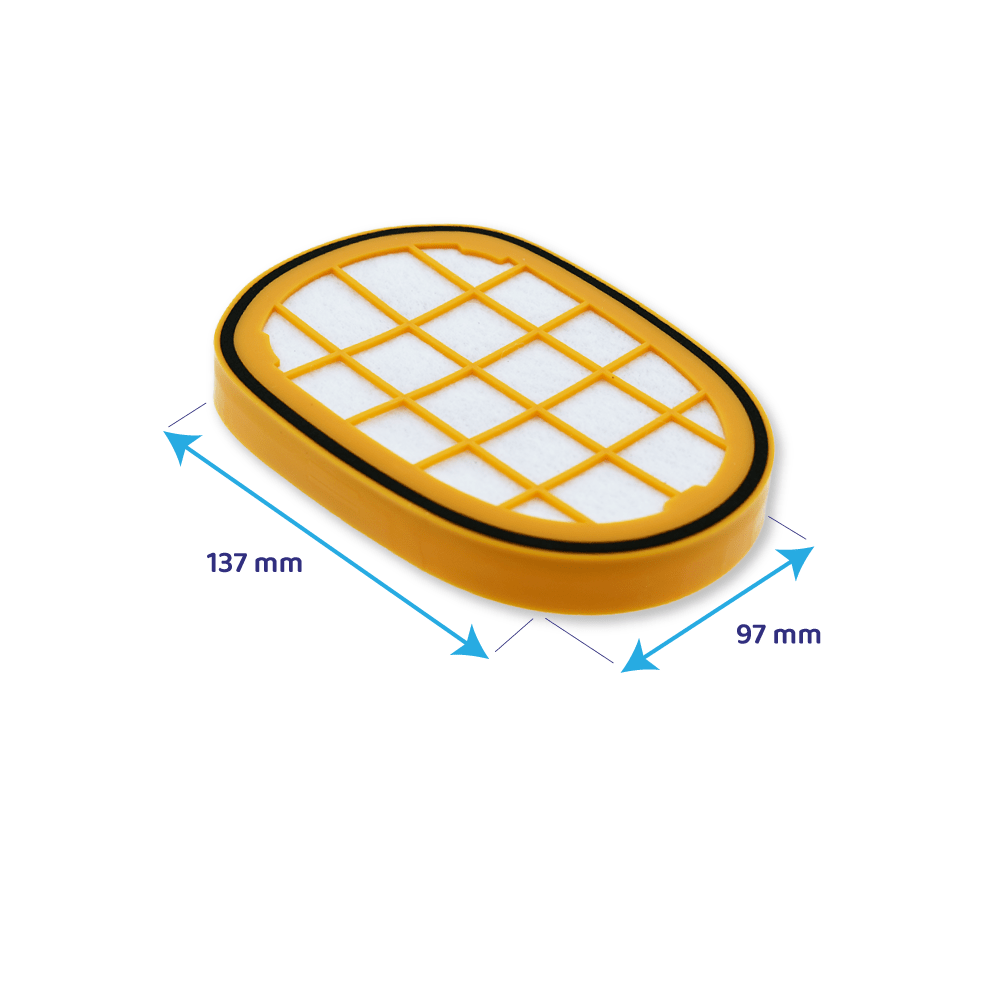 Gelber und weißer ovaler Filter mit schwarzen Linien und blauen Maßpfeilen für 137 mm und 97 mm.