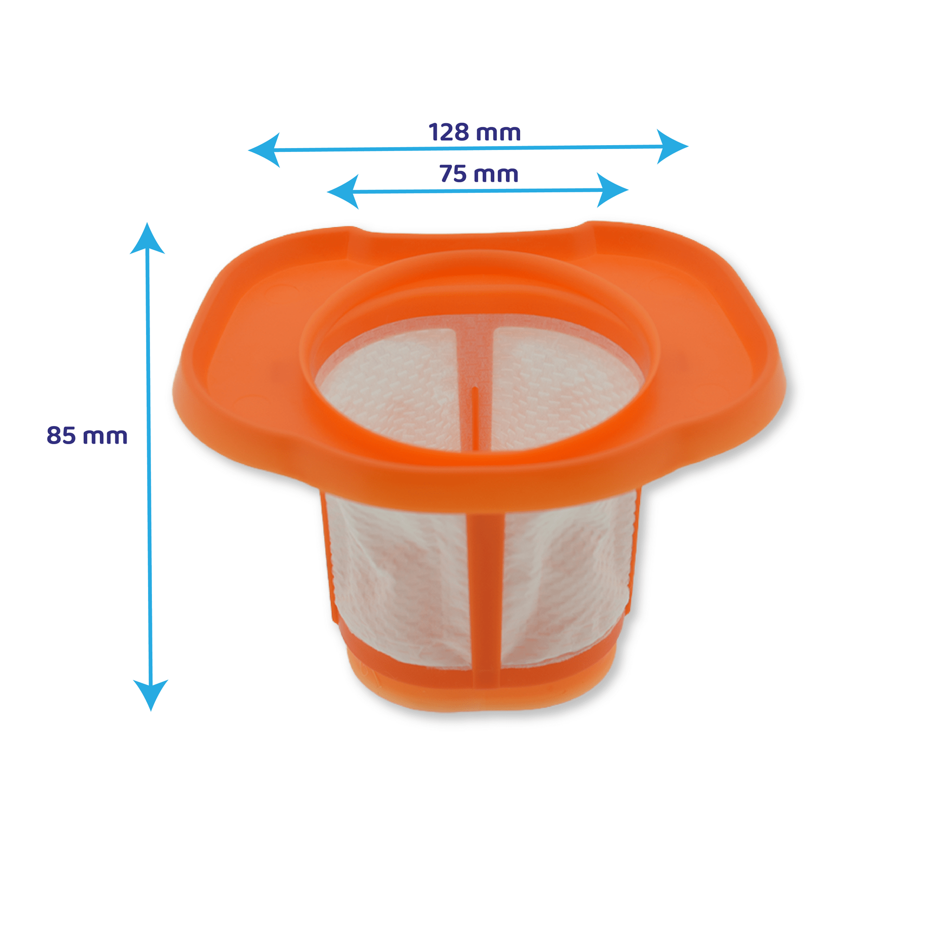 Filtro per aspirapolvere arancione con dimensioni di 85 mm, 75 mm e 128 mm su sfondo bianco.