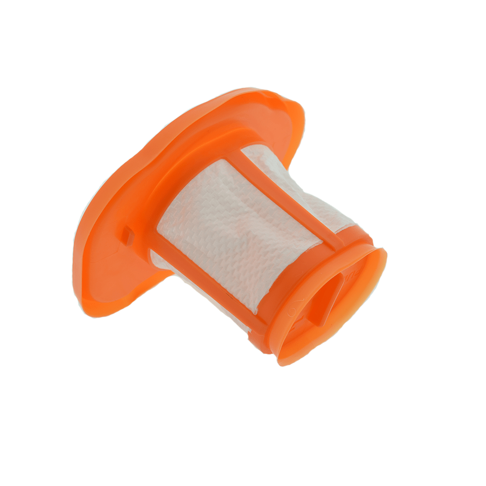 Filtro per aspirapolvere in plastica arancione con rete bianca su sfondo bianco.