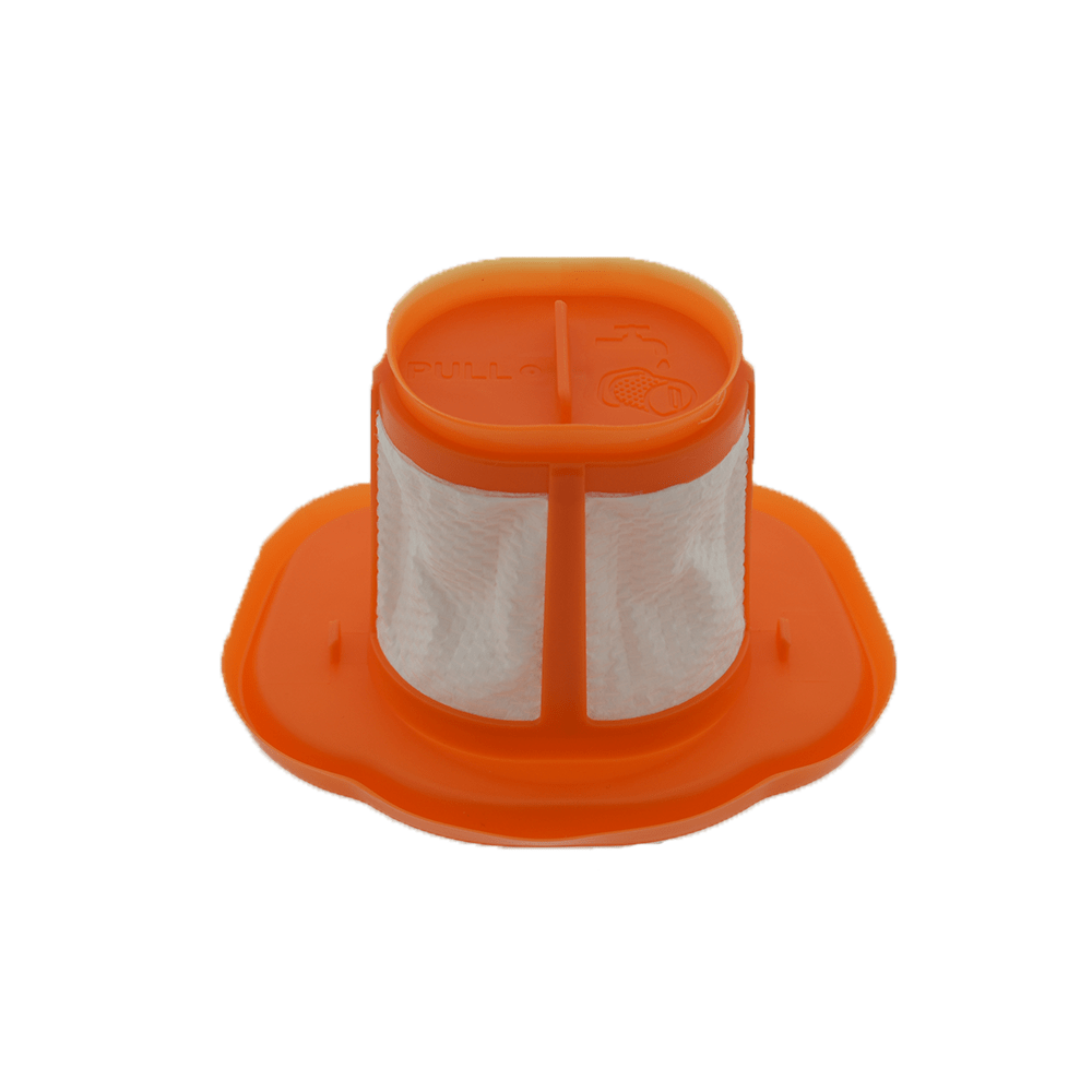 Filtro per aspirapolvere arancione con rete bianca e base larga su sfondo bianco.