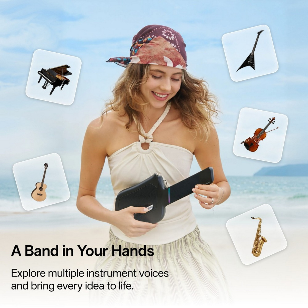 Eine Frau in Strandkleidung und Bandana hält ein schwarzes, gitarrenähnliches Instrument mit umgebenden Musikinstrumenten-Symbolen.