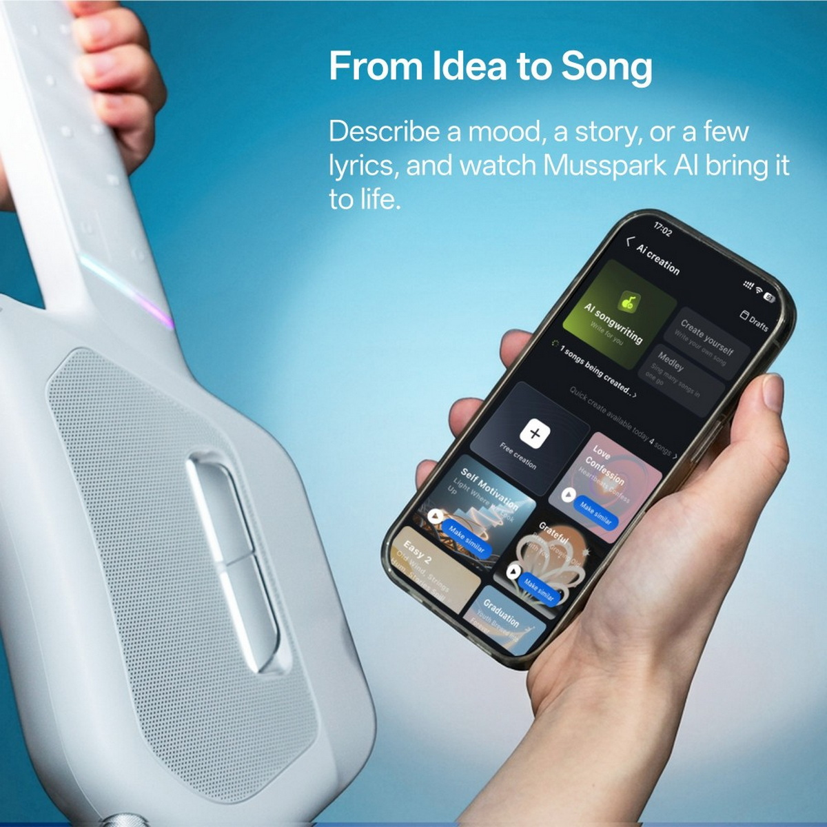 Eine Hand hält ein Smartphone mit einer KI-Songwriting-App, daneben ist eine weiße Gitarre zu sehen.