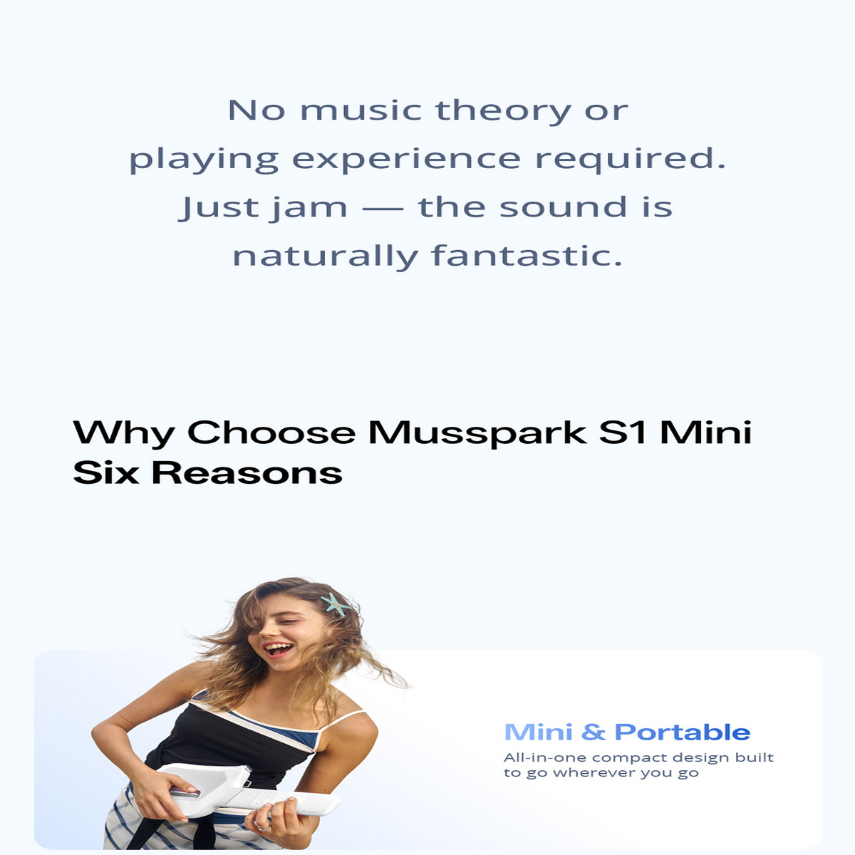 Eine Frau hält ein tragbares Musikinstrument, mit Text über Musspark S1 Mini und Gründe für die Nutzung.