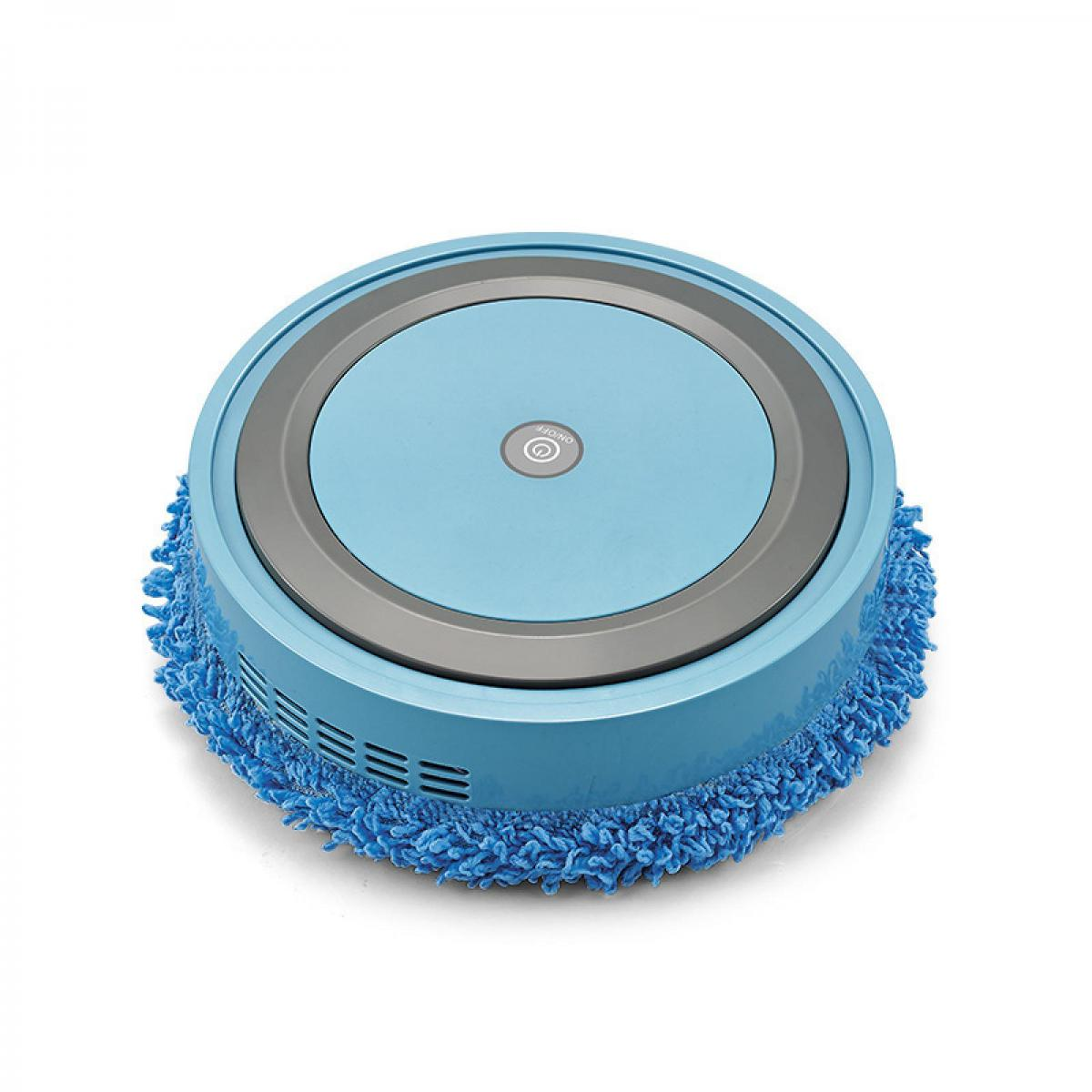 Ein runder, blauer Saugroboter mit einem flauschigen blauen Moppbezug auf der Unterseite und einem zentralen Ein-Aus-Knopf.