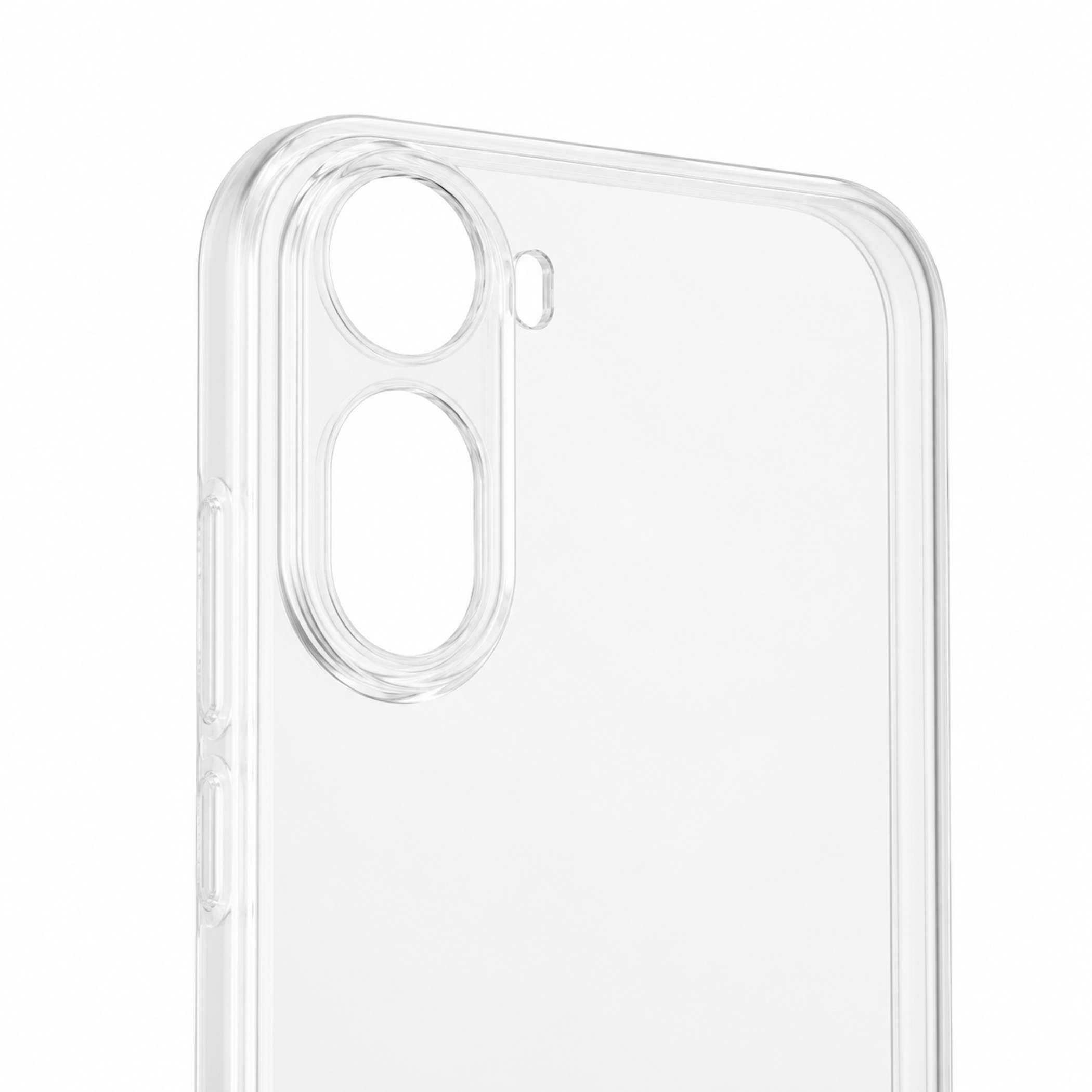 Eine transparente Handyhülle mit Kameramodul-Aussparungen auf weißem Hintergrund.