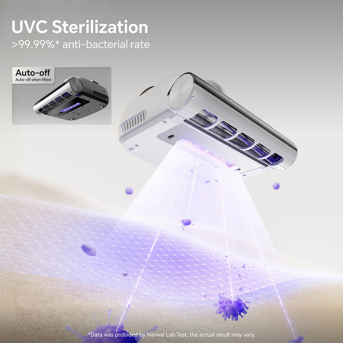 UVC-Sterilisationsgerät strahlt violettes Licht auf eine Oberfläche und zerstört Bakterien.