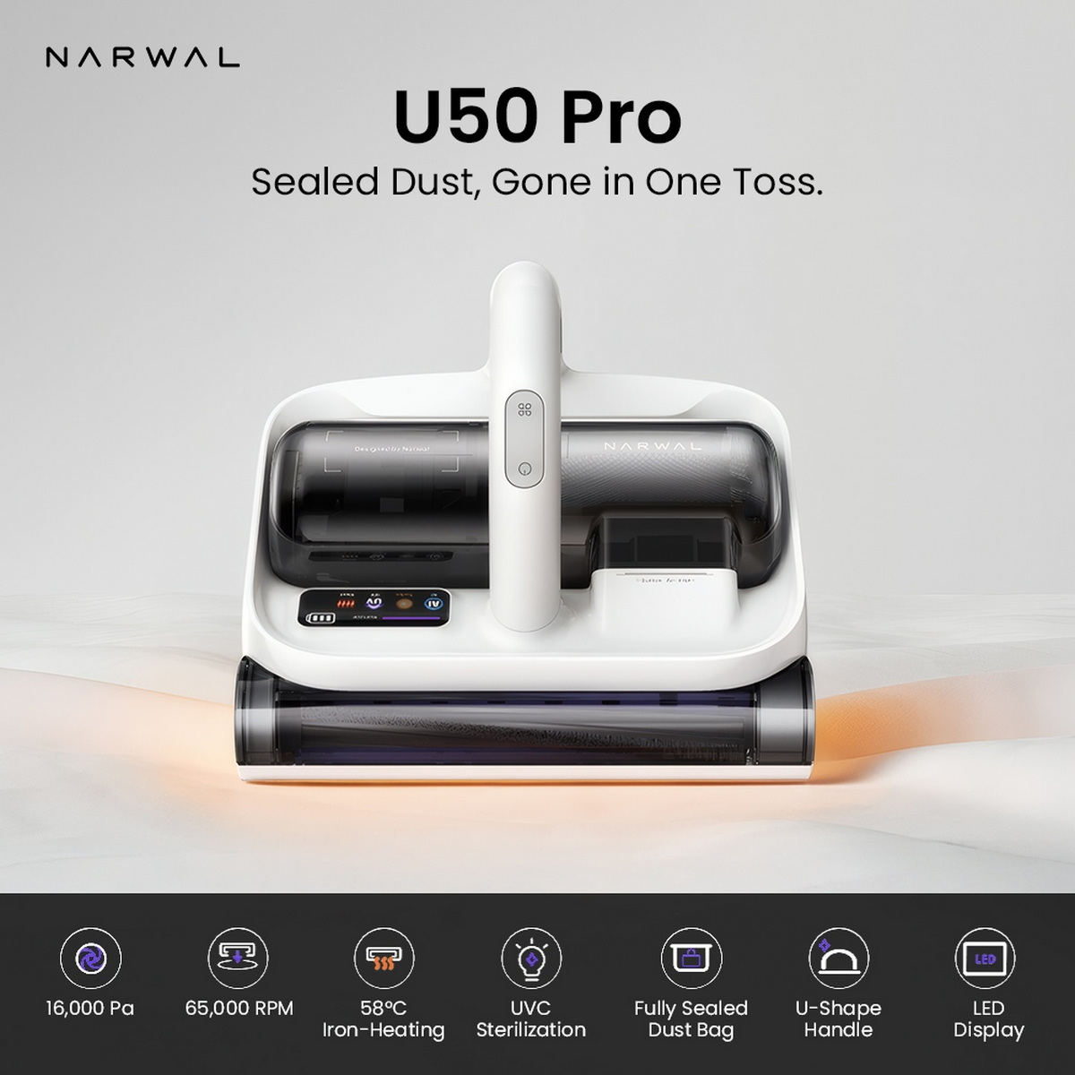 Weißer Narwal U50 Pro Staubsauger mit U-Griff auf einer weichen Oberfläche und Produktdetail-Icons.