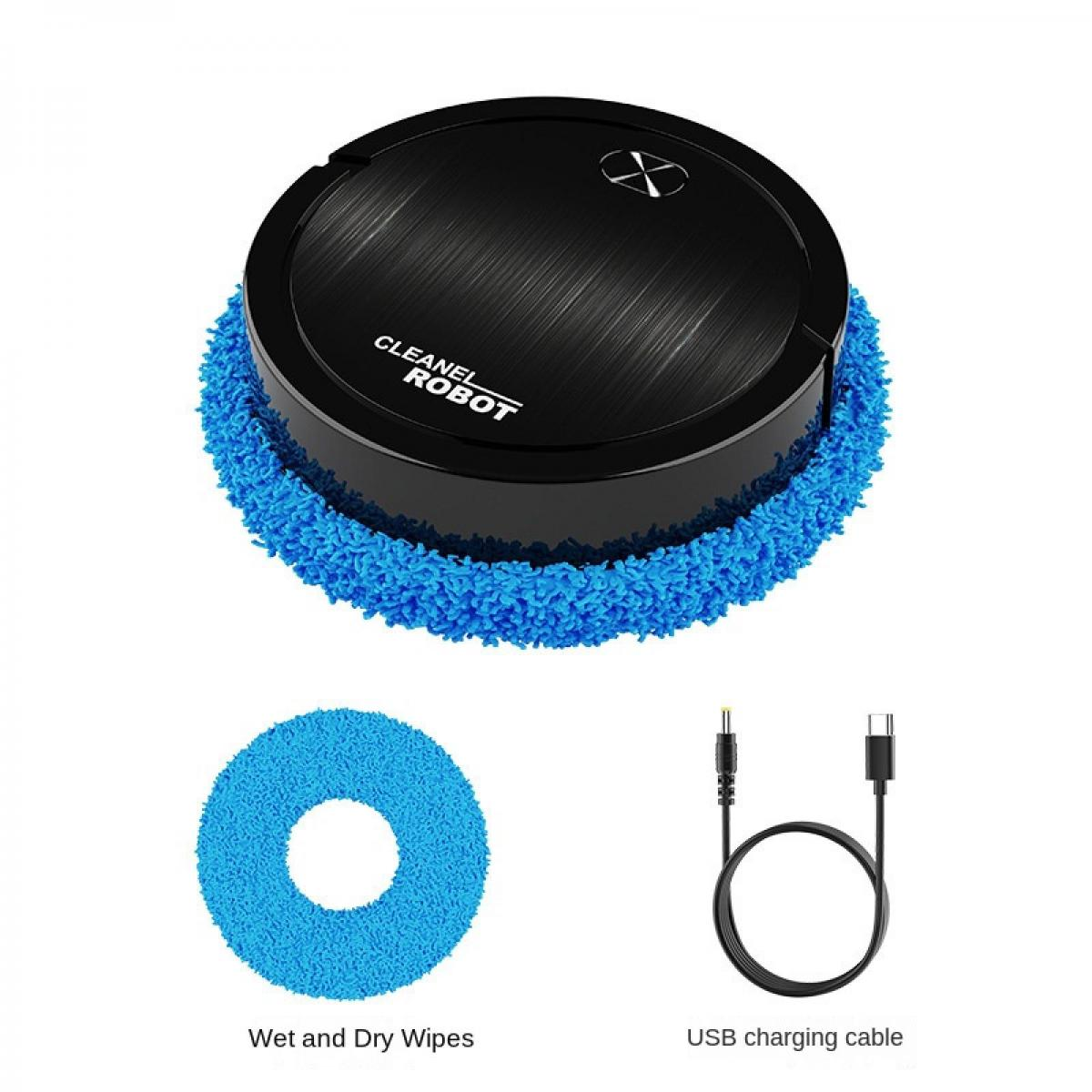 Ein schwarzer Saugroboter mit blauem Wischpad, Ersatzpad und USB-Ladekabel auf wei&szlig;em Grund.