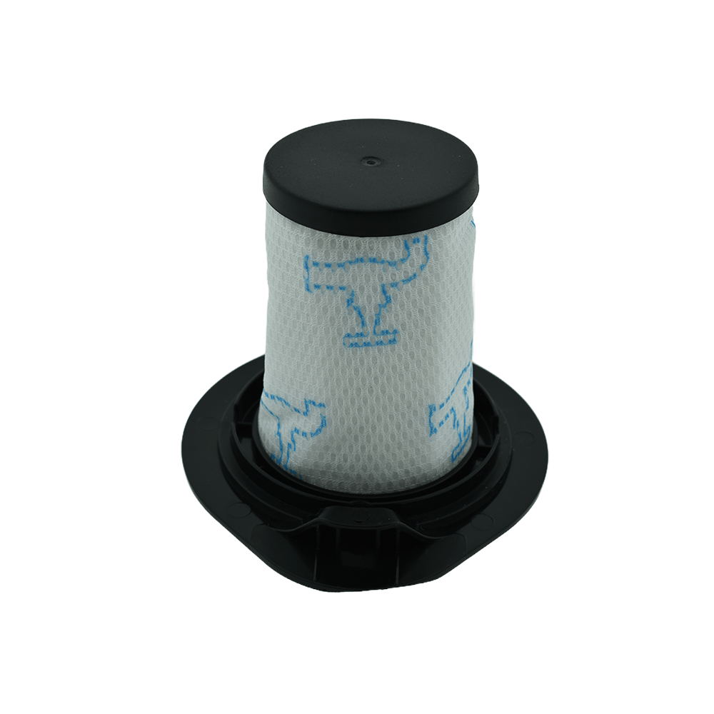 Ein zylindrischer Staubsaugerfilter mit schwarzer Kappe und weißem Mesh mit blauen Mustern auf einer schwarzen Basis.