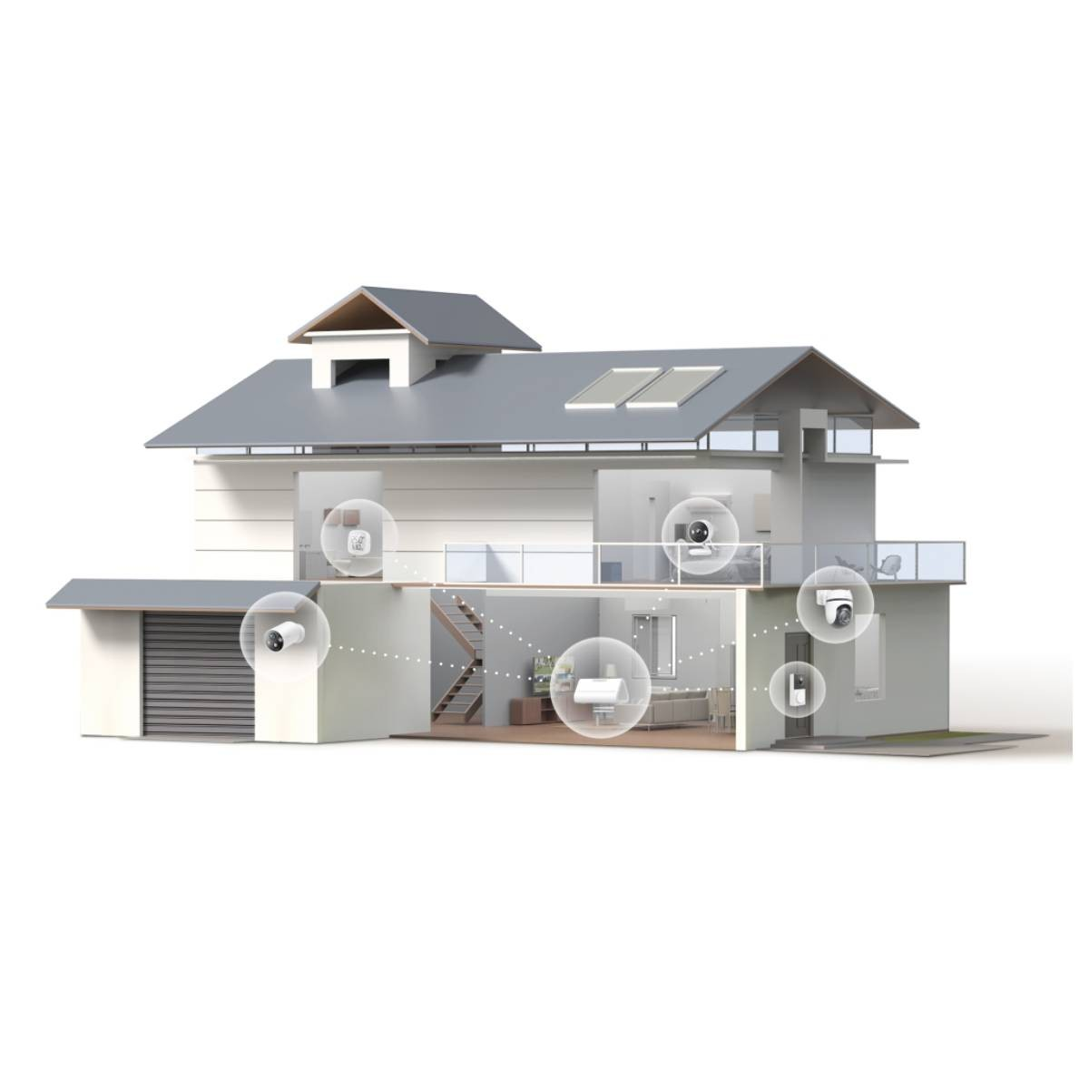Modelo de una casa moderna que muestra cámaras de seguridad y dispositivos conectados por líneas punteadas.