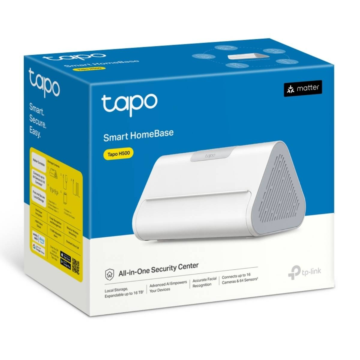 Caja de producto azul para Tapo Smart HomeBase, con una estación base blanca y detalles técnicos.