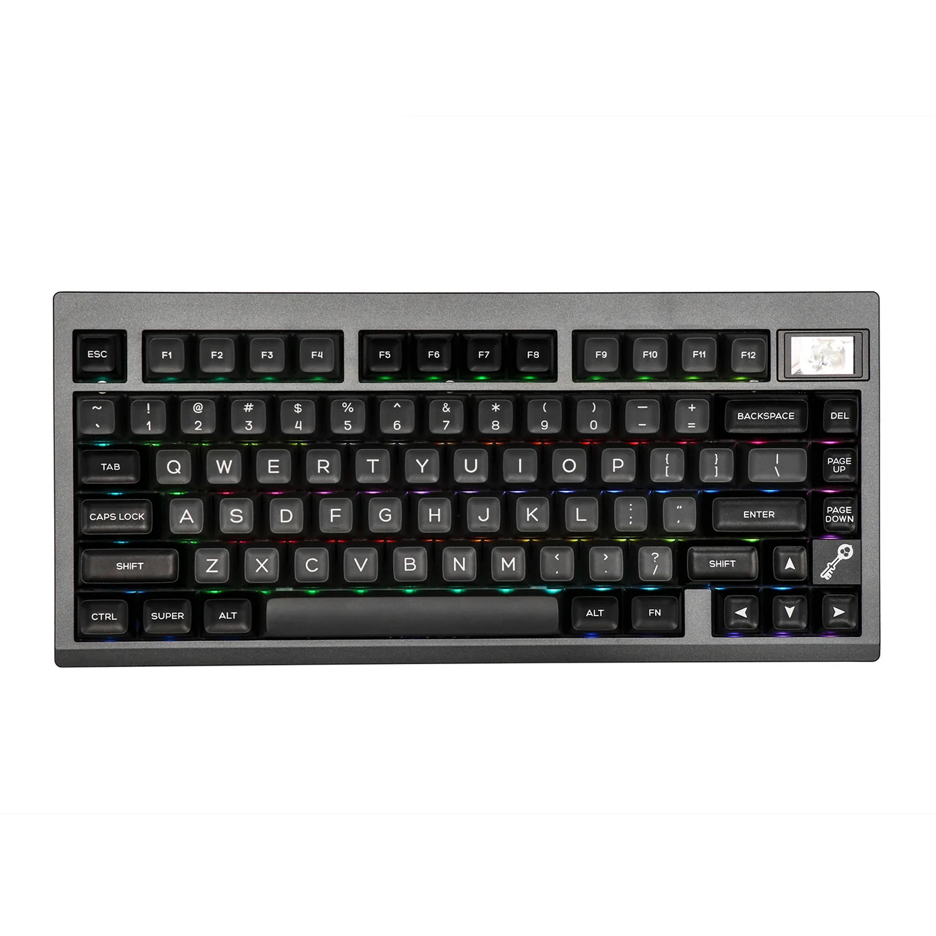Czarna klawiatura mechaniczna z podświetleniem RGB, zwartym układem i szarą ramką.