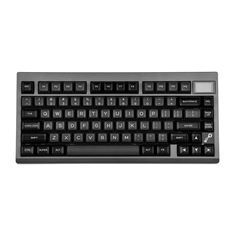 Kompaktowa czarna klawiatura mechaniczna z angielskim układem QWERTY i małym szarym ekranem.