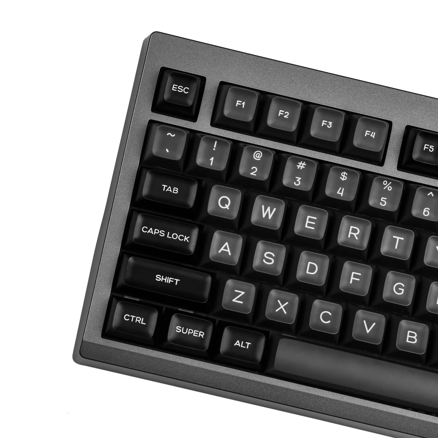 Szara klawiatura komputerowa z czarnymi klawiszami, pokazująca ESC, QWERTY i lewy dolny róg.