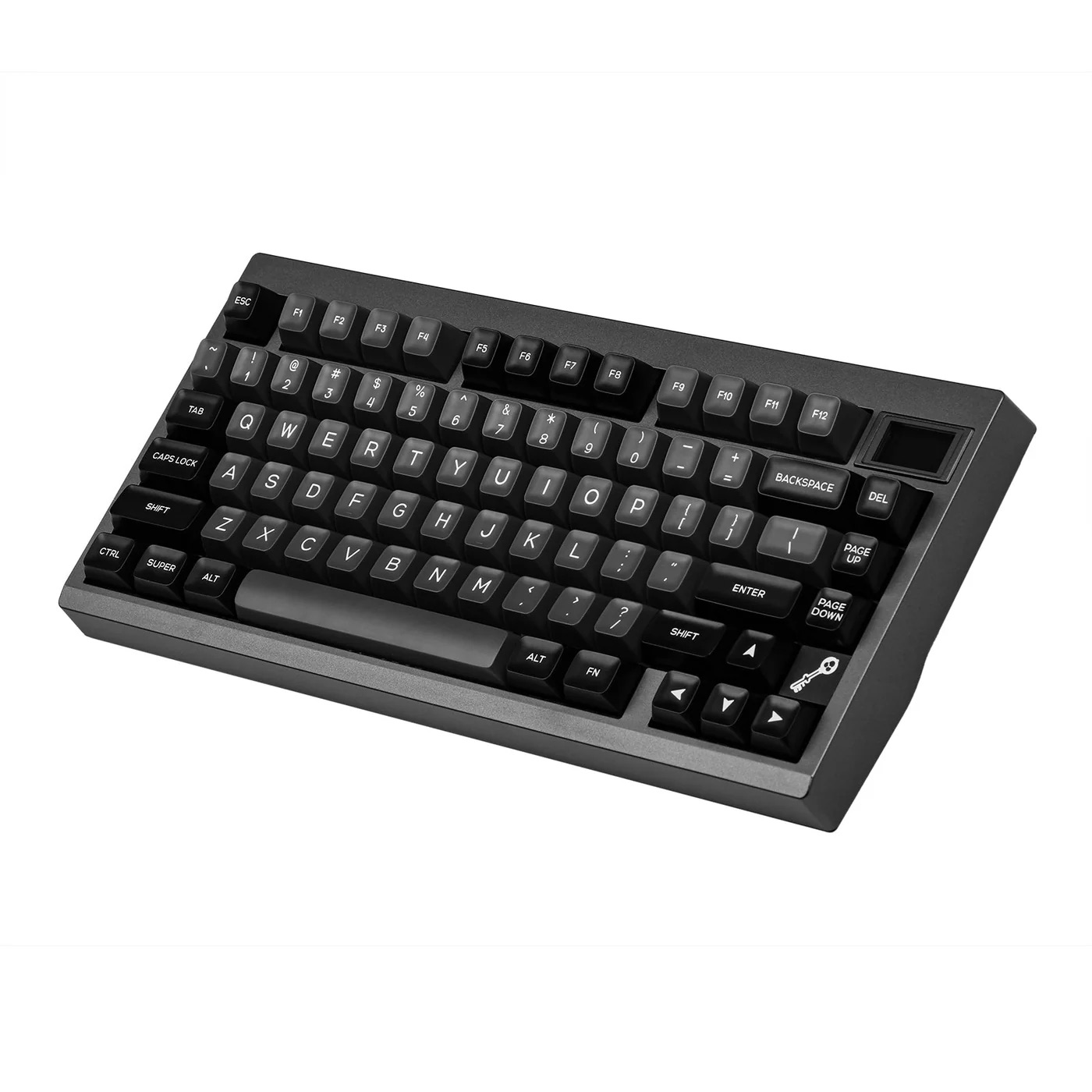 Kompaktowa, czarna klawiatura mechaniczna z angielskim układem QWERTY na jasnym tle.